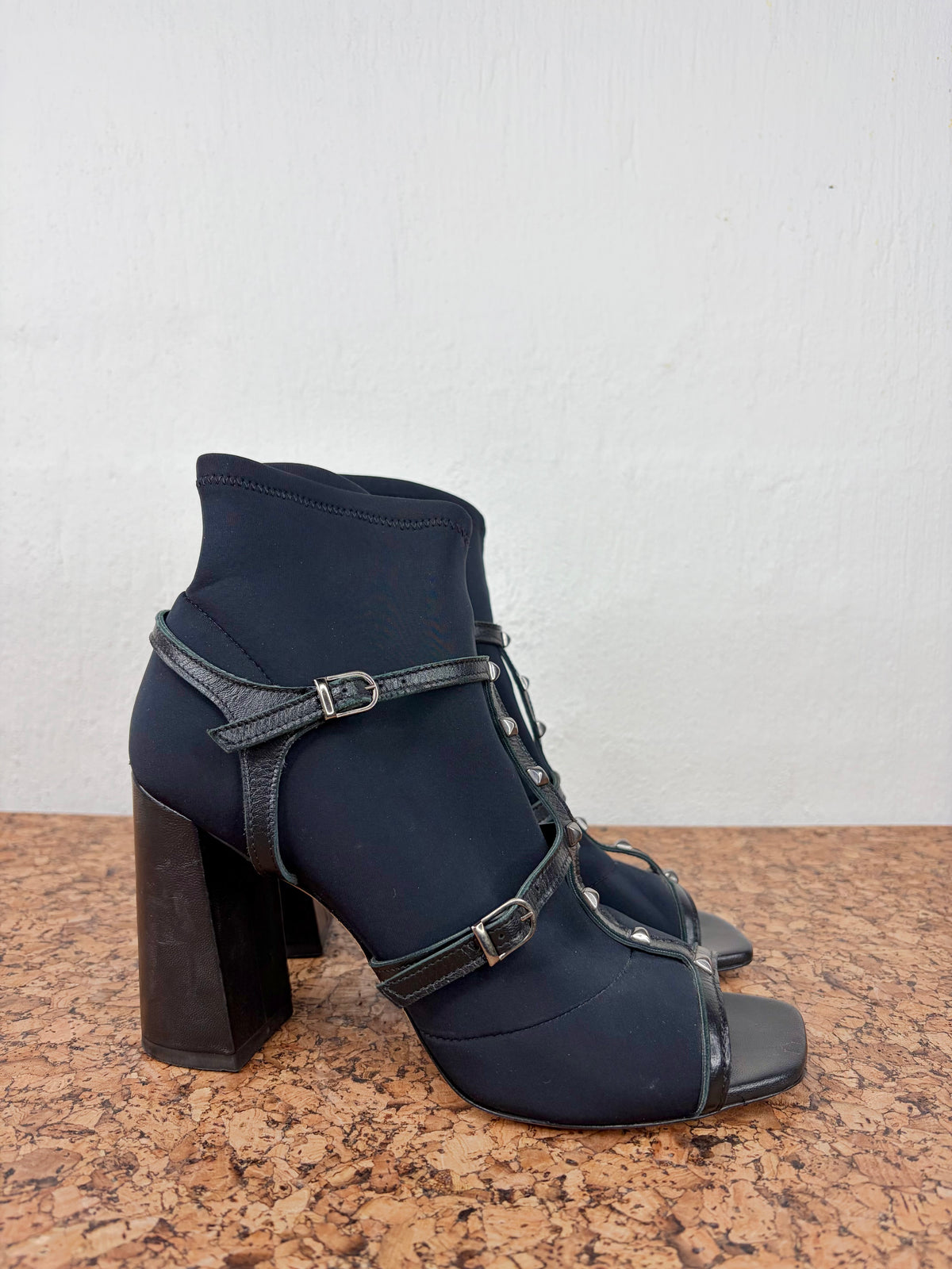OVYÉ Black Neoprene & Leather Caged Studded Block Heels - EU39