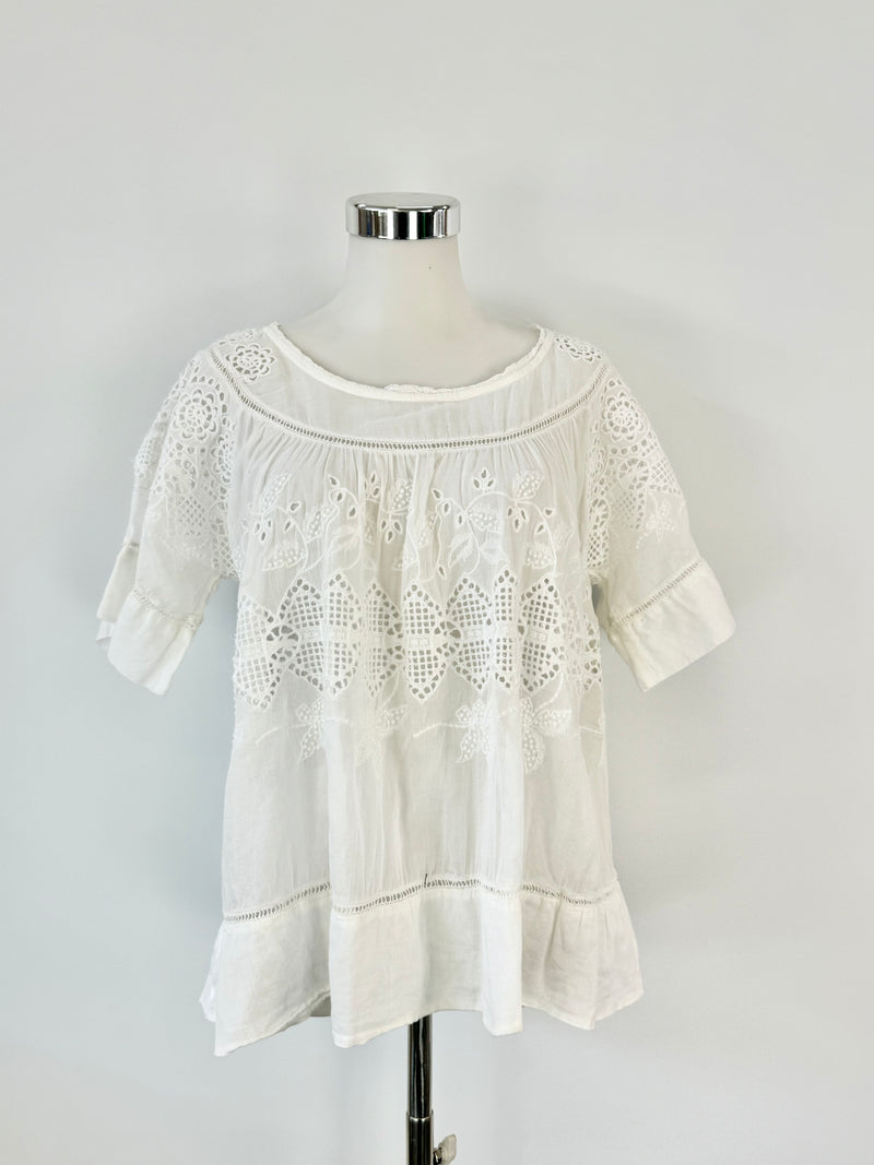 Hunky Dory White Semi Sheer Lace Peasant Top - AU8/10