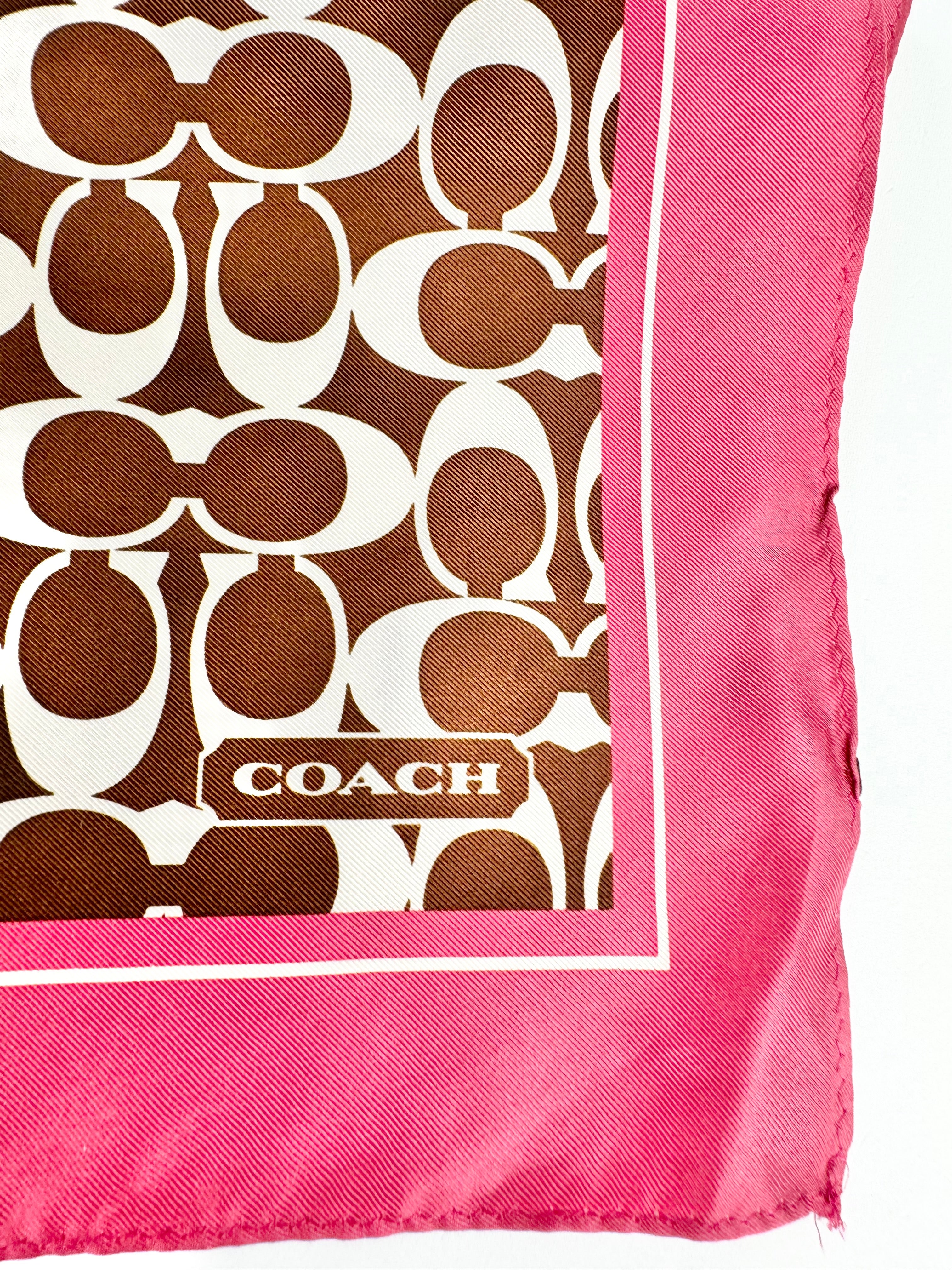 Coach Chocolate & Rose Pink Silk Logo Scarf