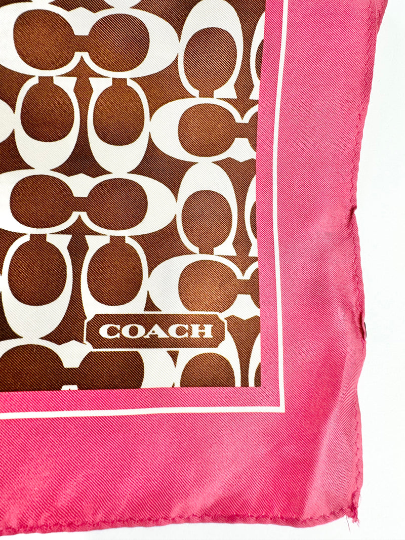 Coach Chocolate & Rose Pink Silk Logo Scarf