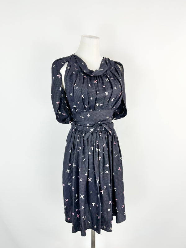 Isabel Marant Midnight Blue Bird Print Silk Dress - AU6/8