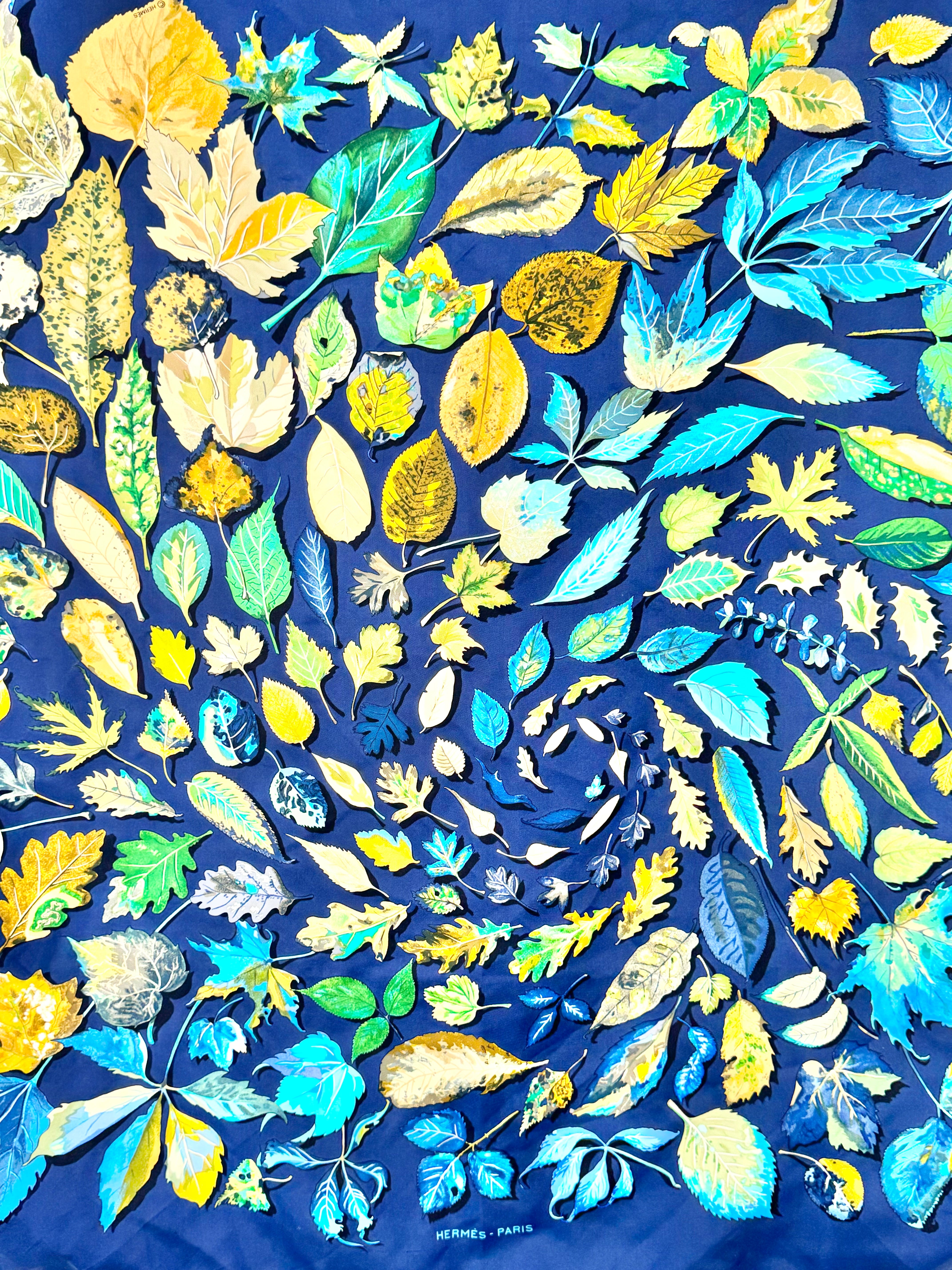 Hermès Blue 'Feuilles D'Automne Tourbillons' Silk Scarf