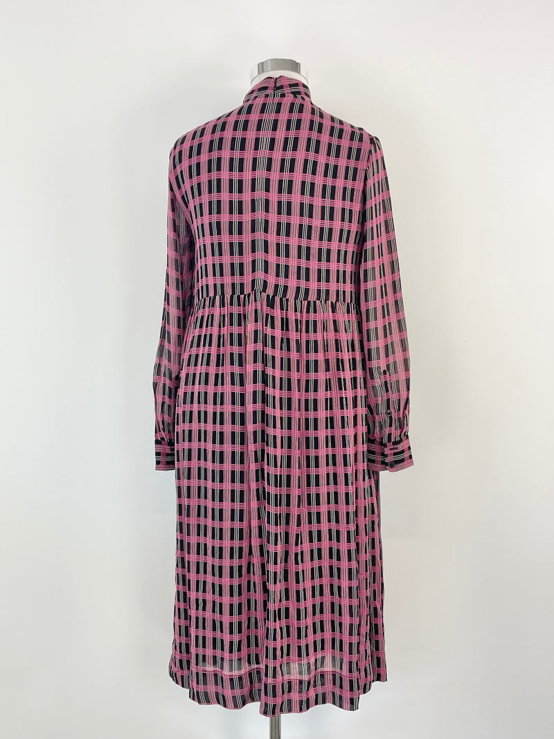 Ganni Black & Purple Checked Long Sleeve Dress - AU12