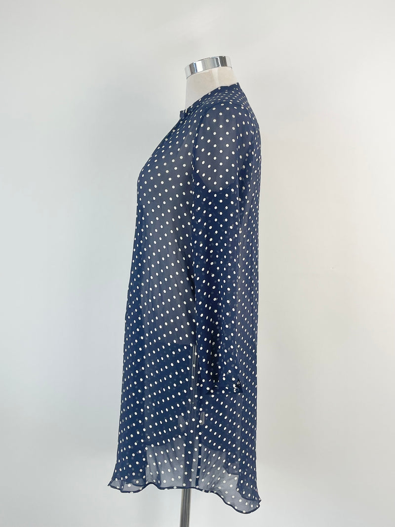 Lee Mathews Navy Blue Dotted Sheer Silk Dress - AU12