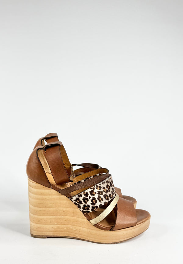 Tatoosh Tan & Leopard Print Peep Toe Wedges - EU38