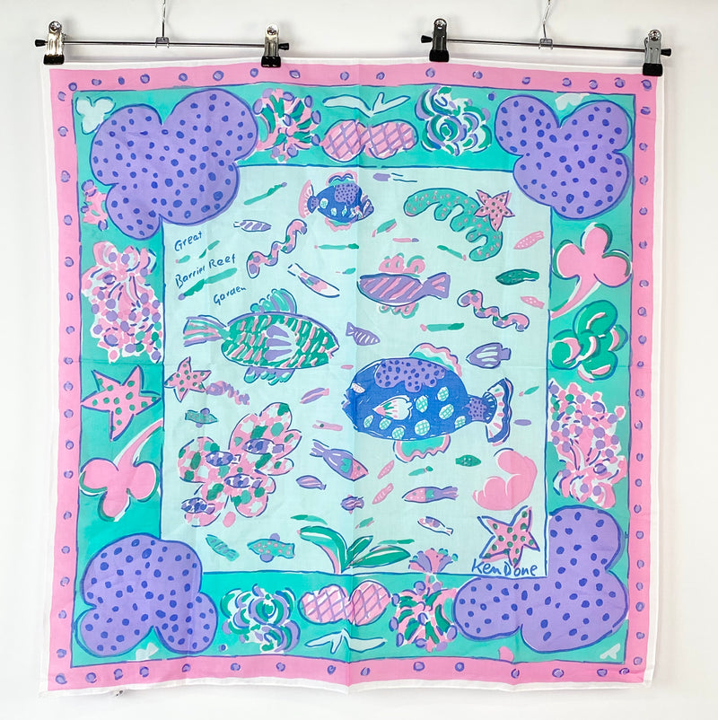 Vintage Ken Done Sky Blue & Pink Great Barrier Reef Scarf