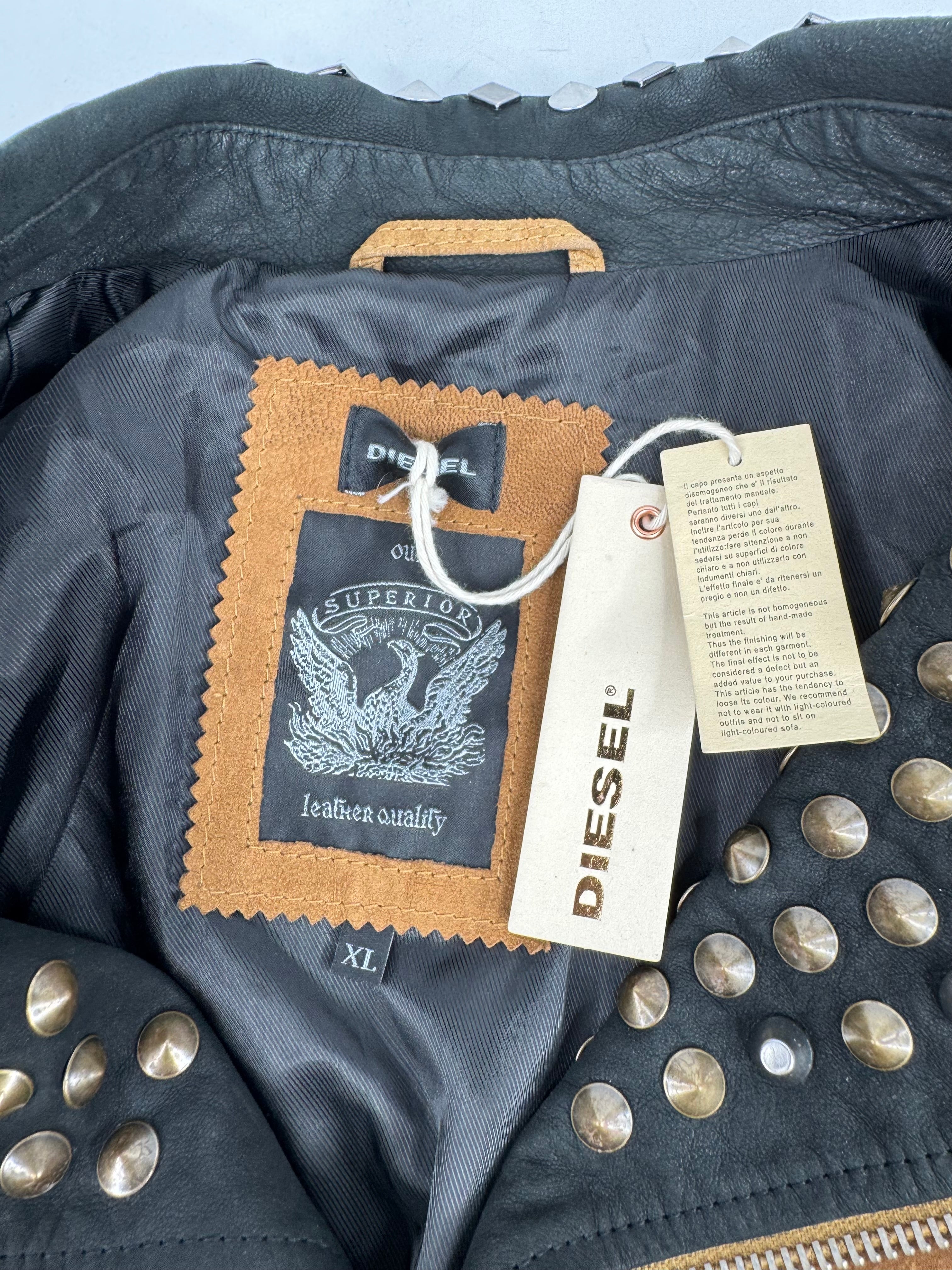 Diesel Deep Tan 'L-Ulisses' Studded Leather Biker Jacket NWT - XL