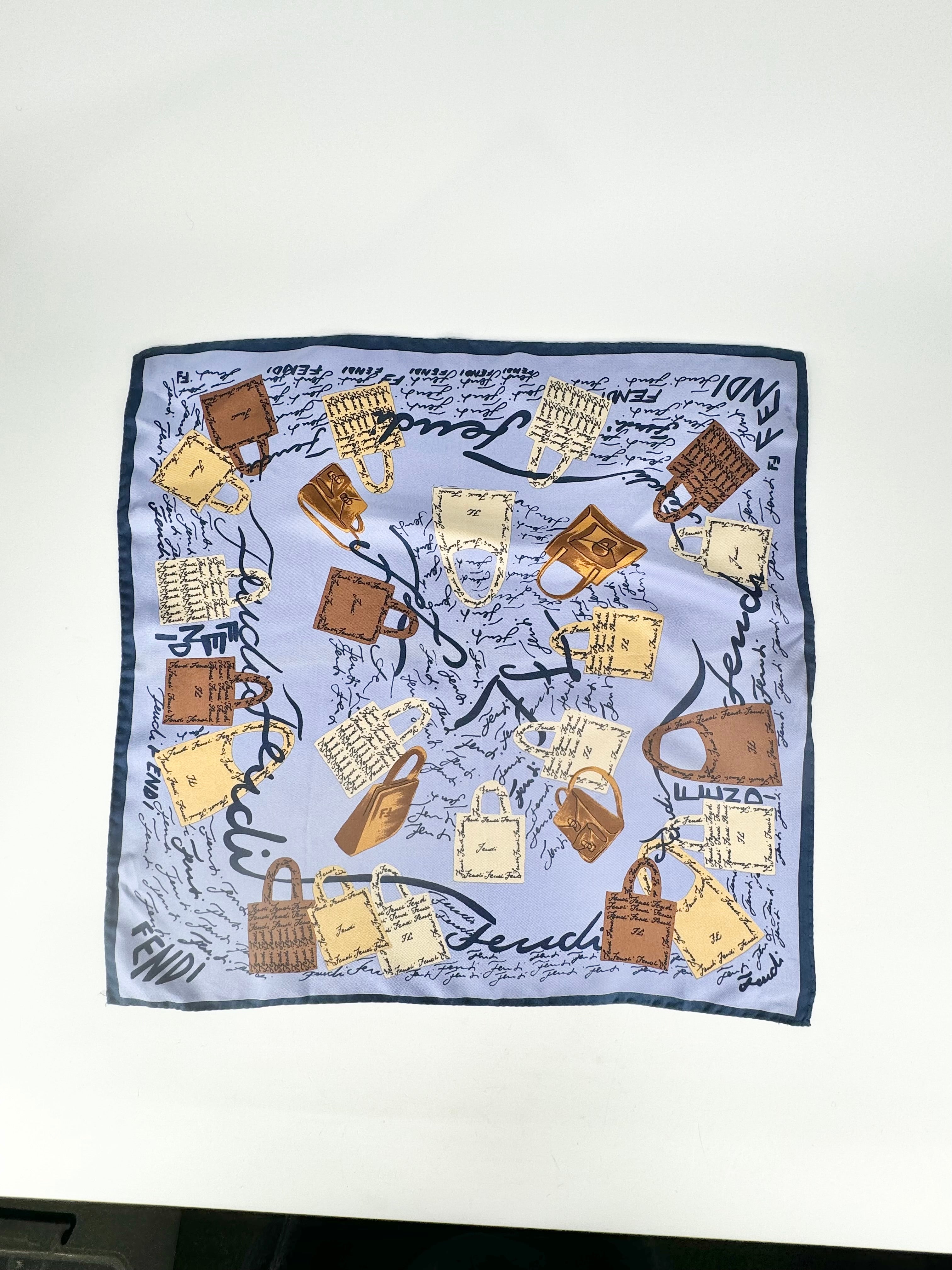 Fendi Foulard Blue Silk Handbag Print Square Scarf