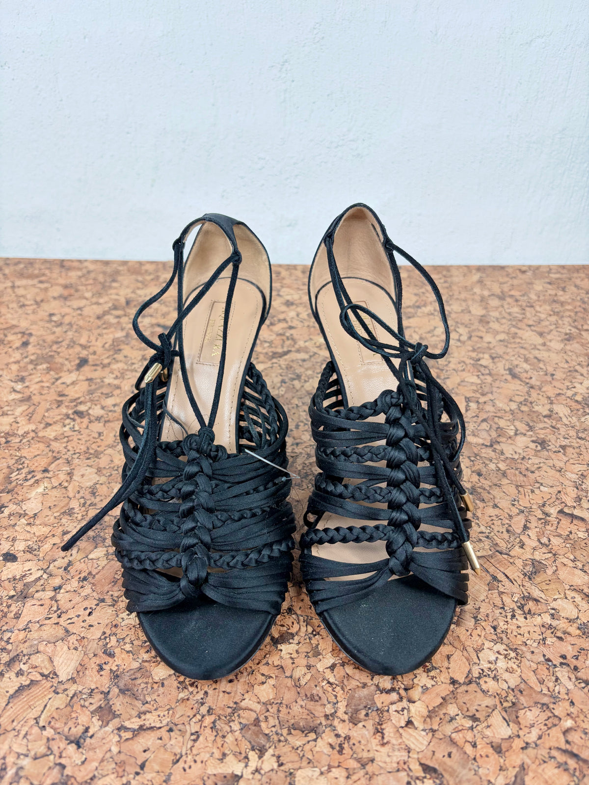 Aquazzura Black Satin Braided Peep Toe Stiletto Pumps - EU38