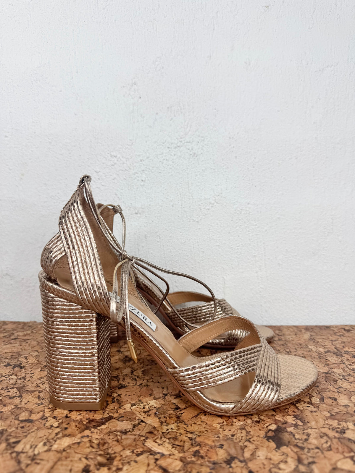 Aquazzura Rose Gold 'Ari' Metallic Leather Snakeskin Embossed Wrap Heels - EU37.5