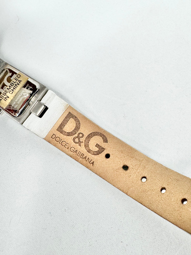 D&G White Leather 'DG' Crystal Embellished Watch