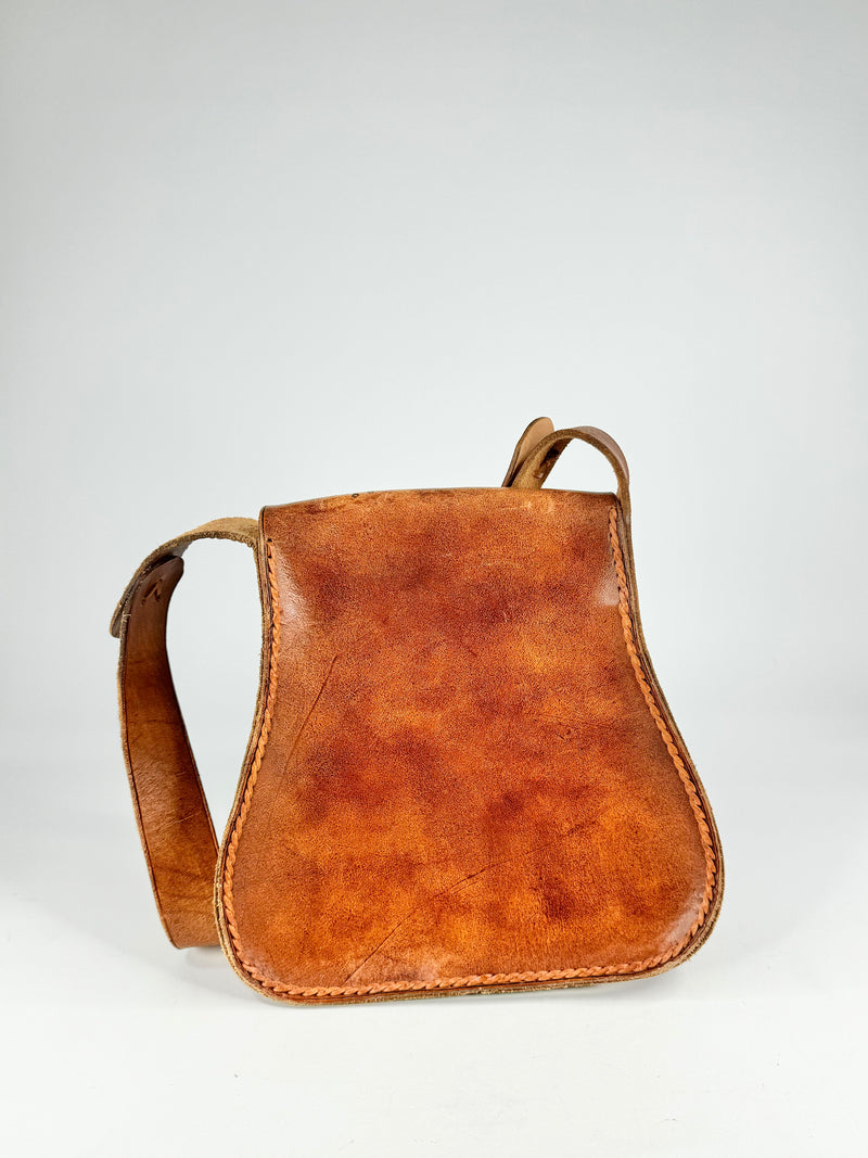Hand Made Tan Cherry Blossom Stamped Leather Cross Body Bag