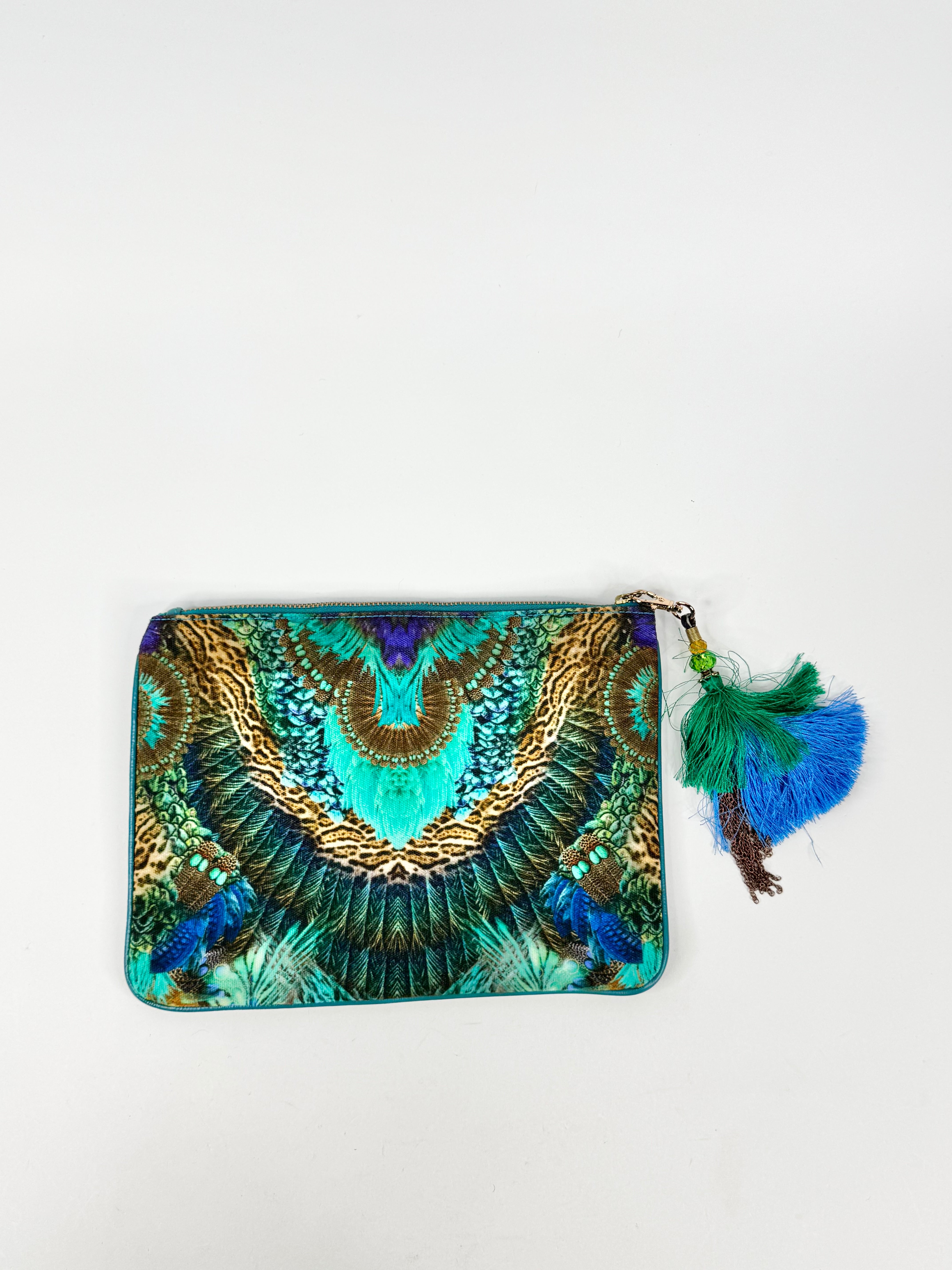 Camilla Peacock Green Leopard Print Pattern Canvas Clutch