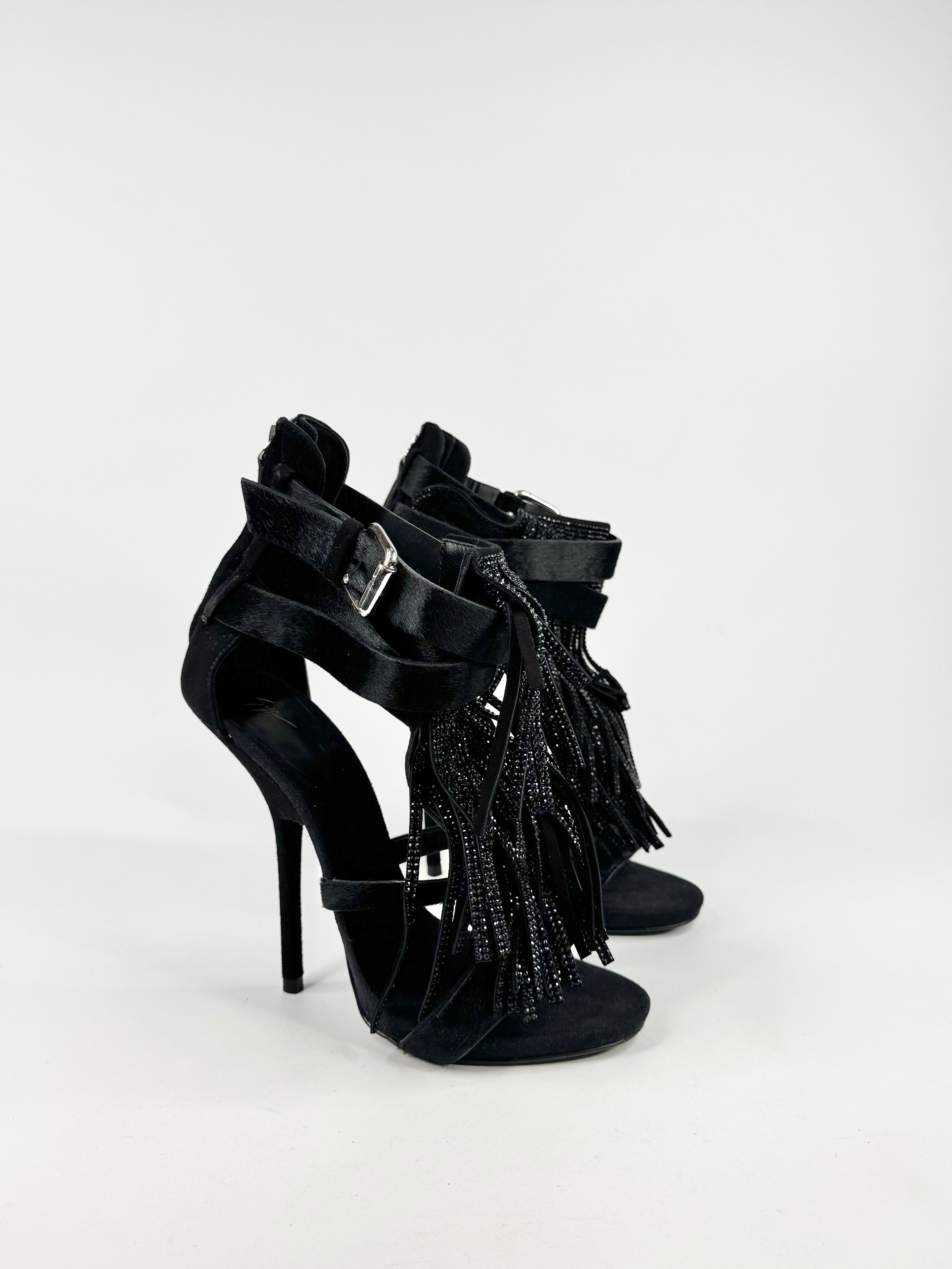 Giuseppe Zanotti Black Swarovski Embellished Fringed Leather Stilettos - EU39