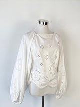 Ganni White Cotton Embroidered Sleeve Blouse - AU8/10