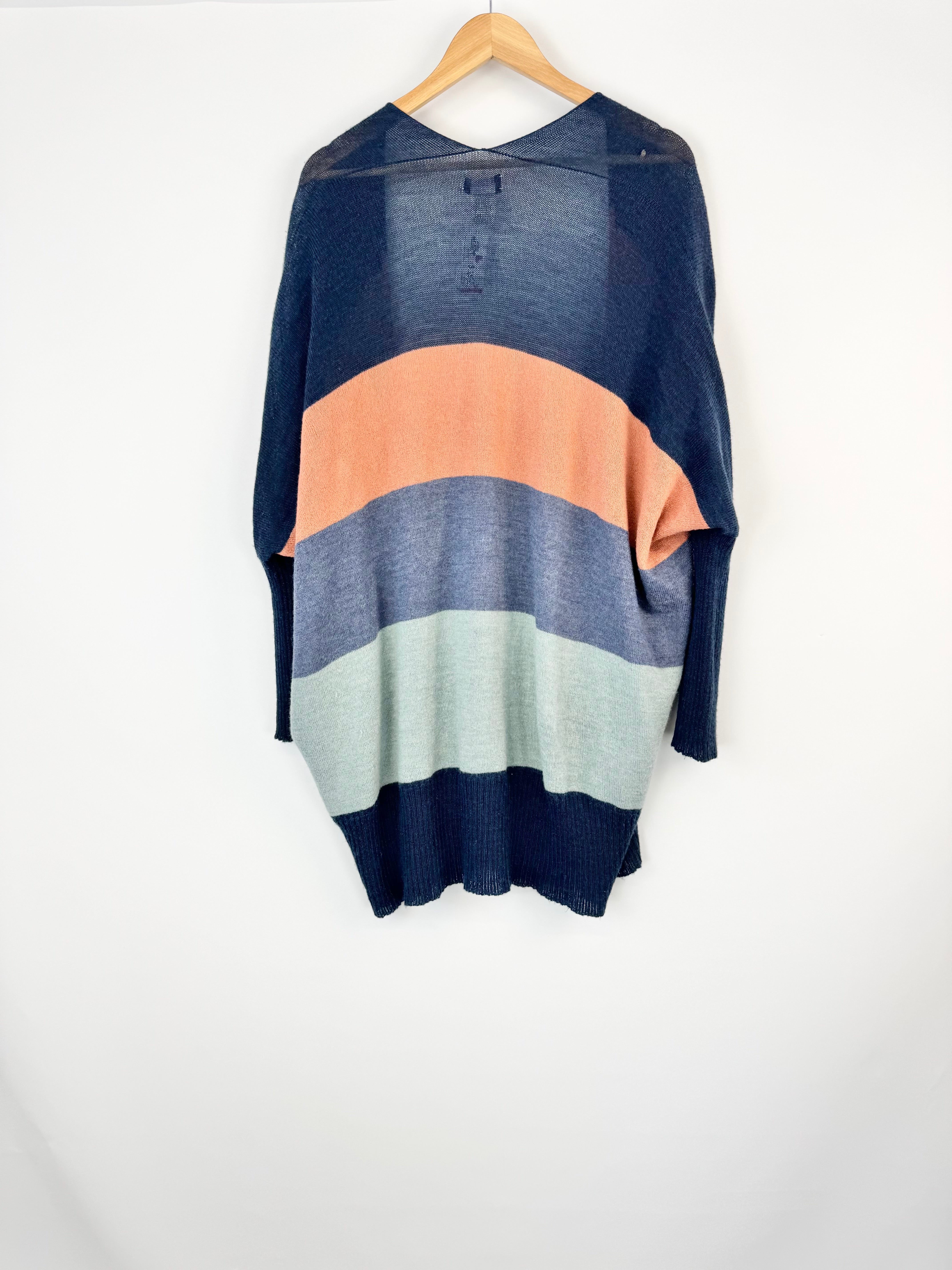 UIMI Blue Grey & Peach Striped Open Merino Wool Cardigan - AU8/10