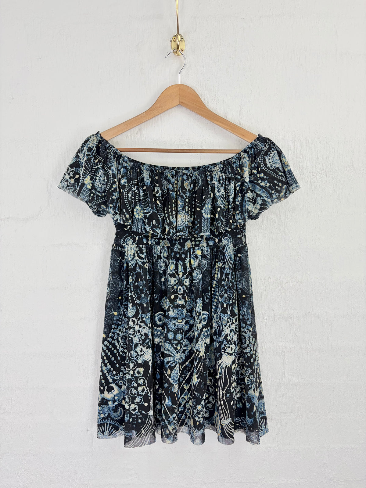 Jean Paul Gaultier Soleil Black & Blue Floral Patterned Off Shoulder Mini Dress - AU10/12