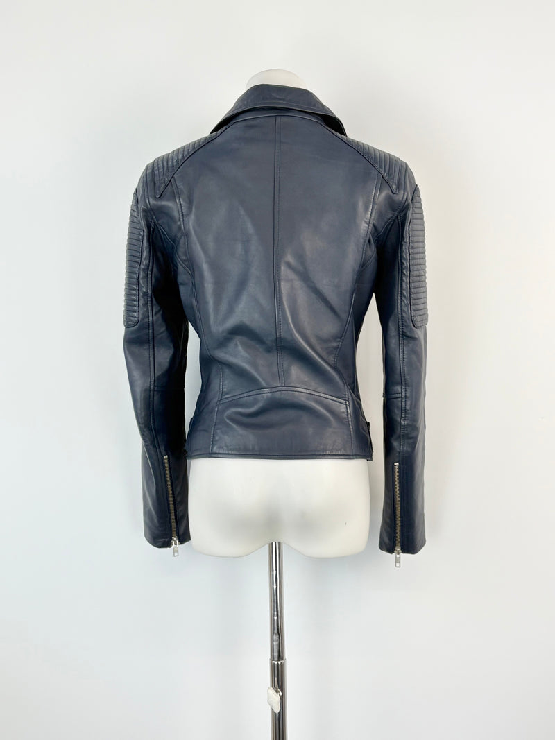 Ena Pelly Navy Blue Biker-Style Leather Jacket - AU6/8