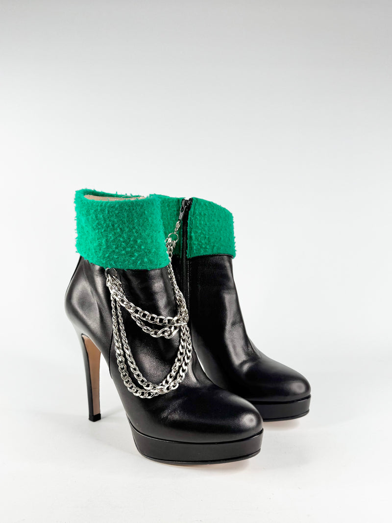 Stefano Stefani Black & Green Felt Chain Ankle Boots - EU41