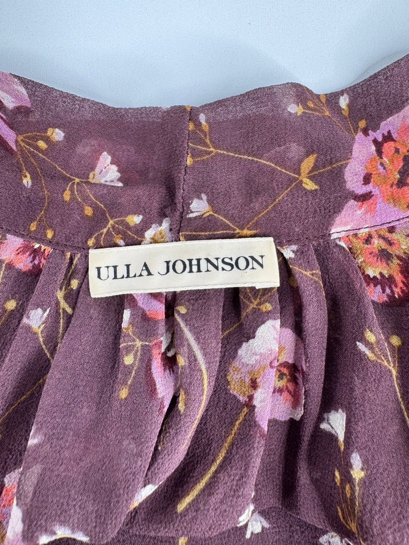 Ulla Johnson Sheer Magenta Pansy Patterned Bishop Sleeve Blouse - AU8