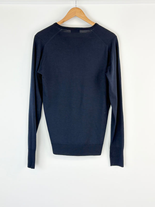 John Smedley Navy Blue V-Neck Merino Wool Sweater - S