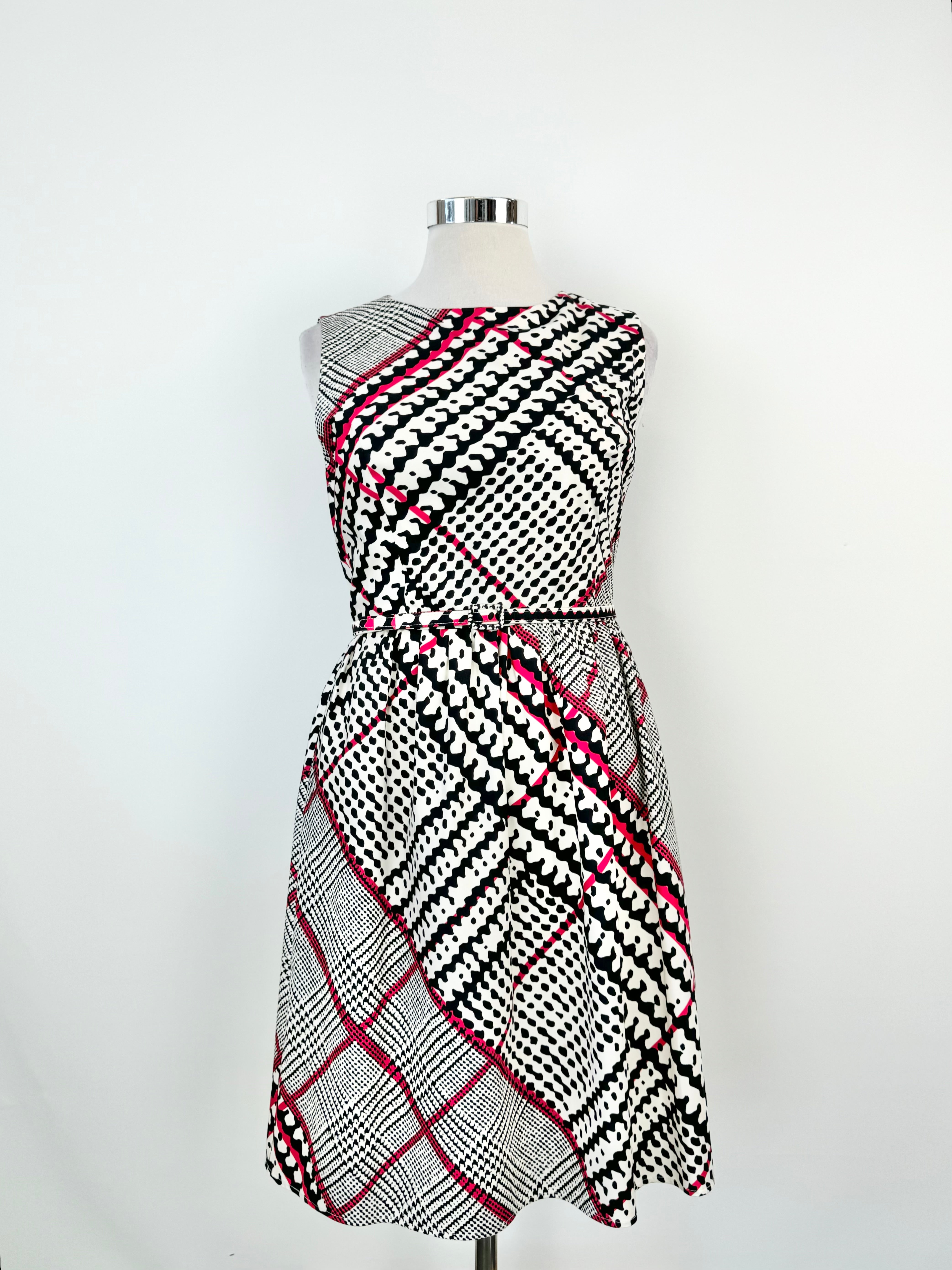 Oscar de la Renta White, Blue & Hot Pink Silk Midi Dress - AU12