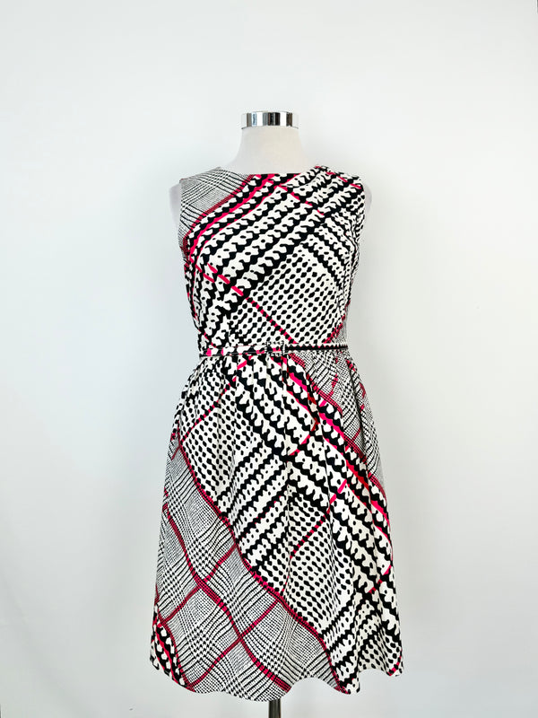 Oscar de la Renta White, Blue & Hot Pink Silk Midi Dress - AU12