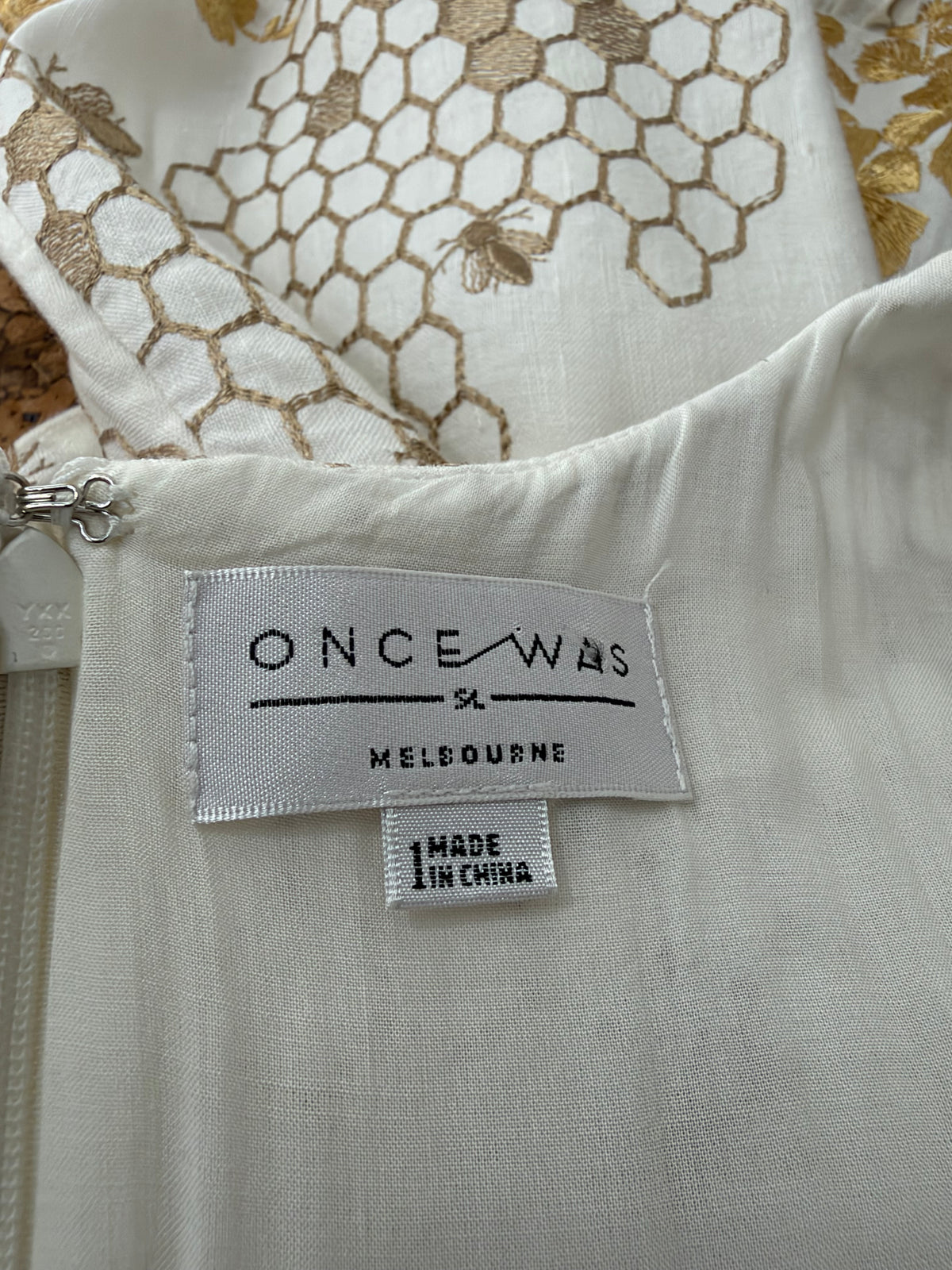 Once Was Off White Gold Honeycomb Embroidered Midi Dress - AU8/10