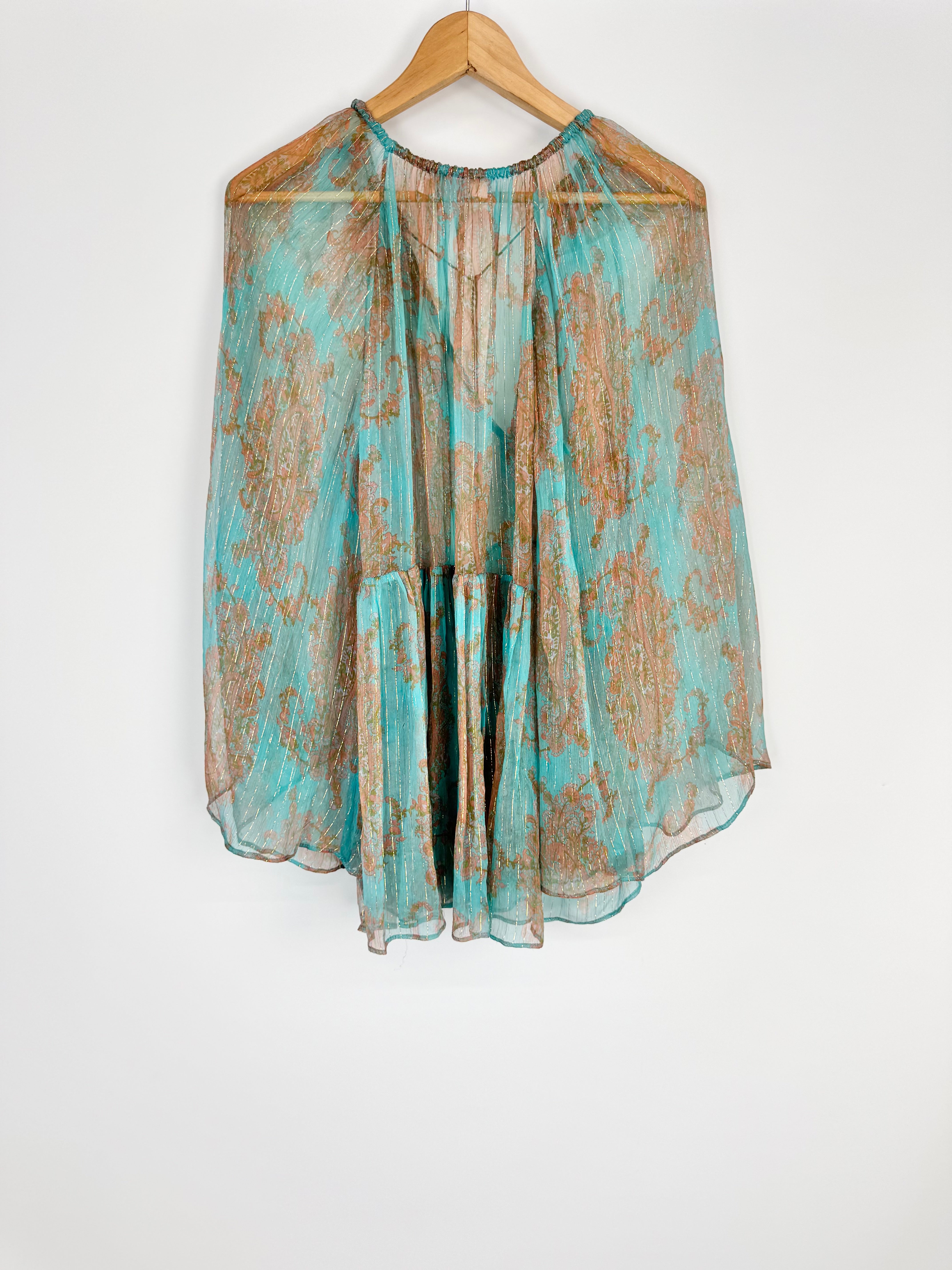 Zimmermann Sheer Turquoise Silk Floral Patterned Blouse - AU8/10
