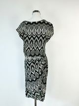 Thakoon Black & Cream Patterned Silk Gathered Midi Dress - AU8/10