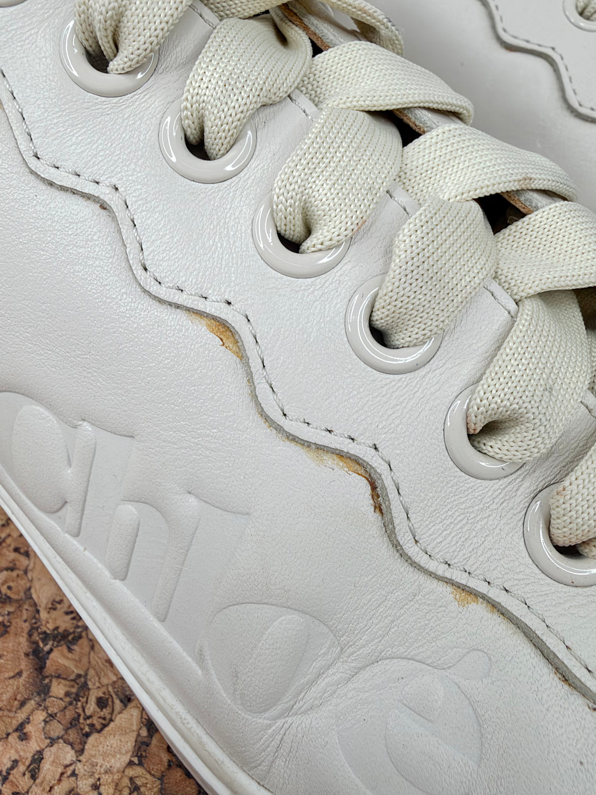 See by Chloé Ecru Shearling Trim Leather Lace Up Sneakers - EU40