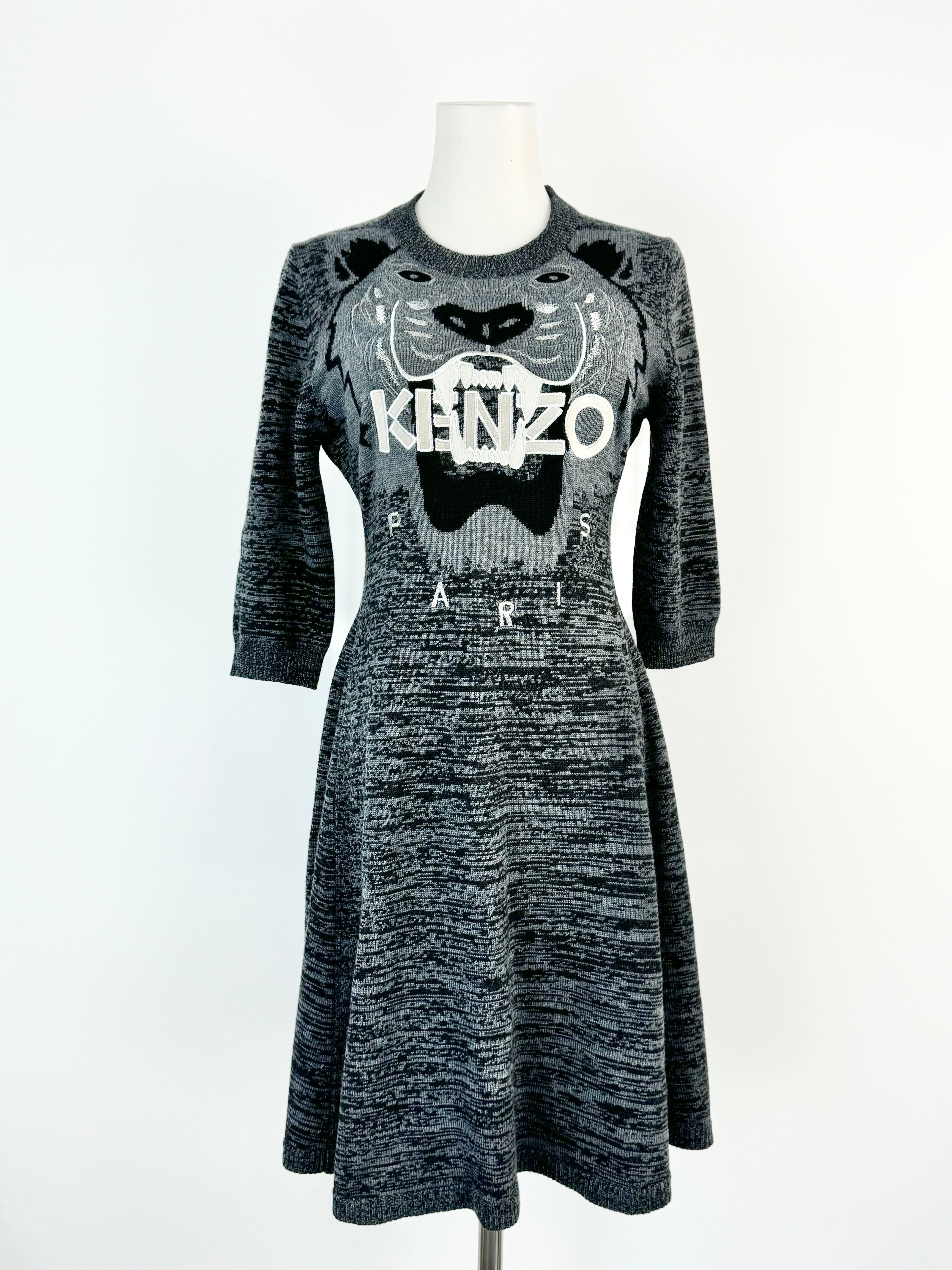 Kenzo Grey & Black Tiger Pattern Knitted Dress - AU10