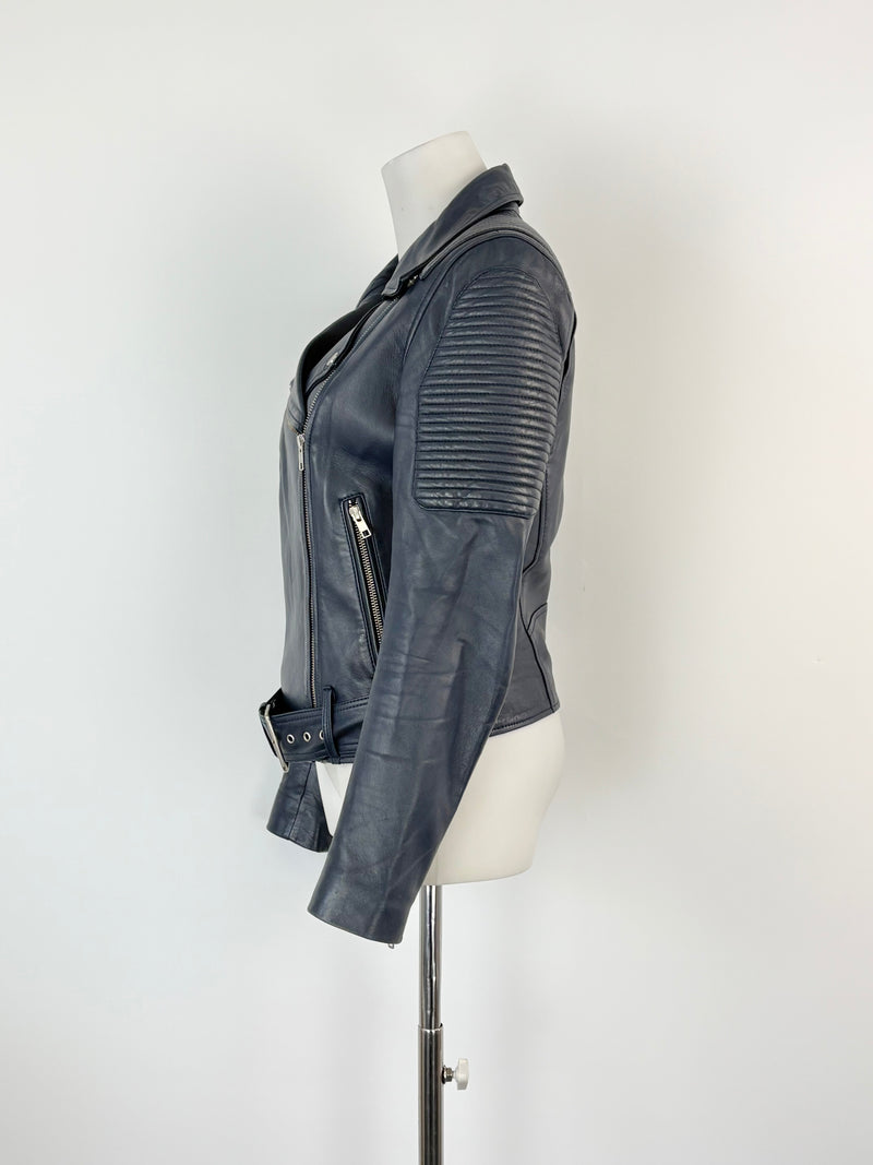 Ena Pelly Navy Blue Biker-Style Leather Jacket - AU6/8