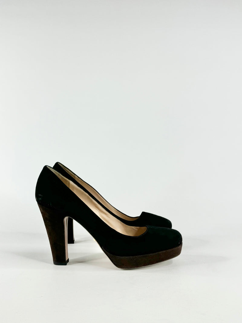 Prada Black Suede Square Toe Pumps - EU38.5