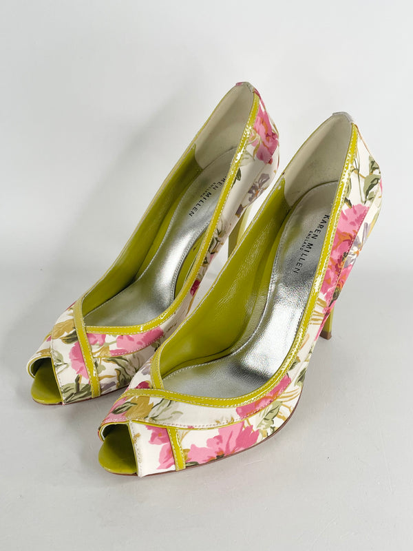 Karen Millen Lime Green Floral Leather Peep-Toe Pumps - EU39