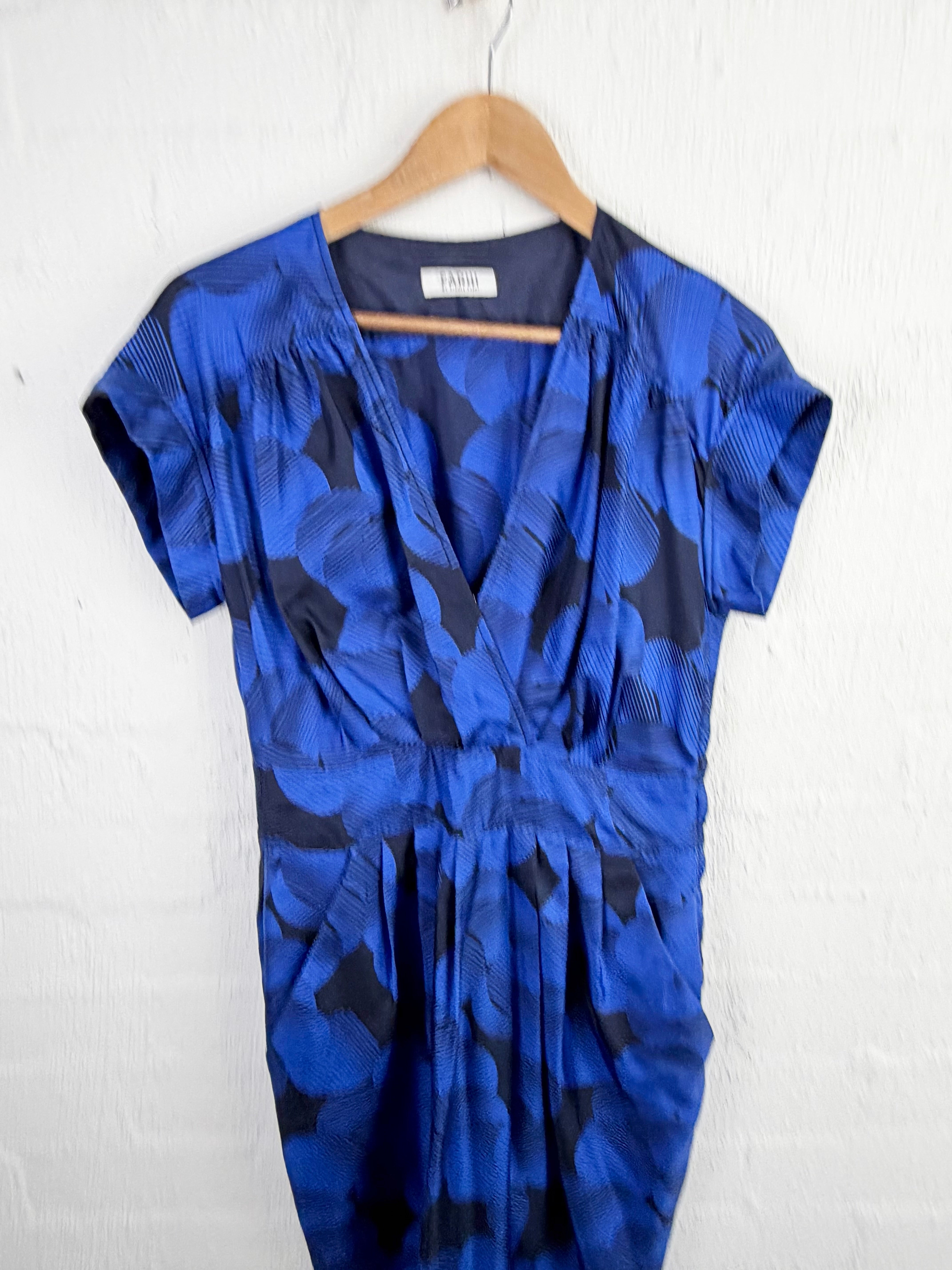 Farhi by Nichole Farhi Electric Blue & Black Patterned Silk Dress - AU14