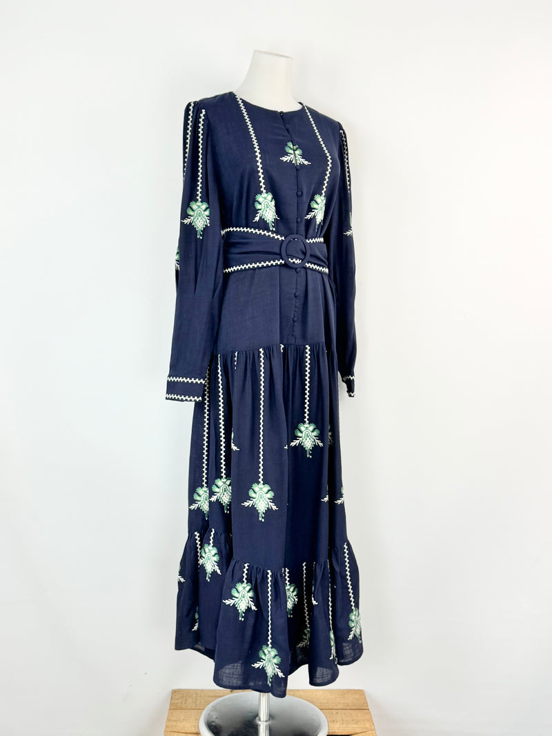 Once/Was 'Grove Embroidered Linen & Viscose Pleat Sleeve Maxi' NWT - AU8