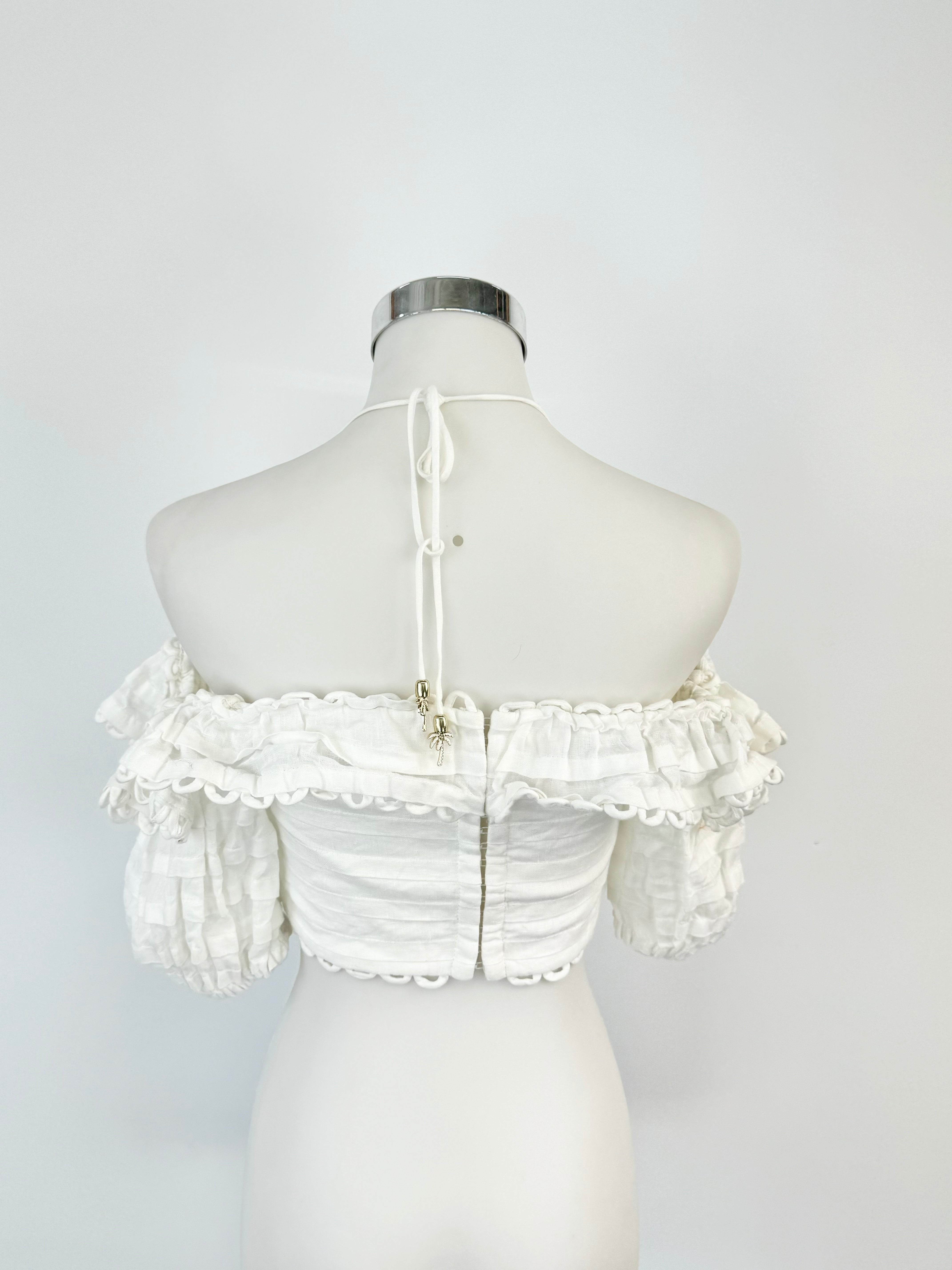 Zimmermann White Linen Puff Sleeve Crop Top - AU6/8