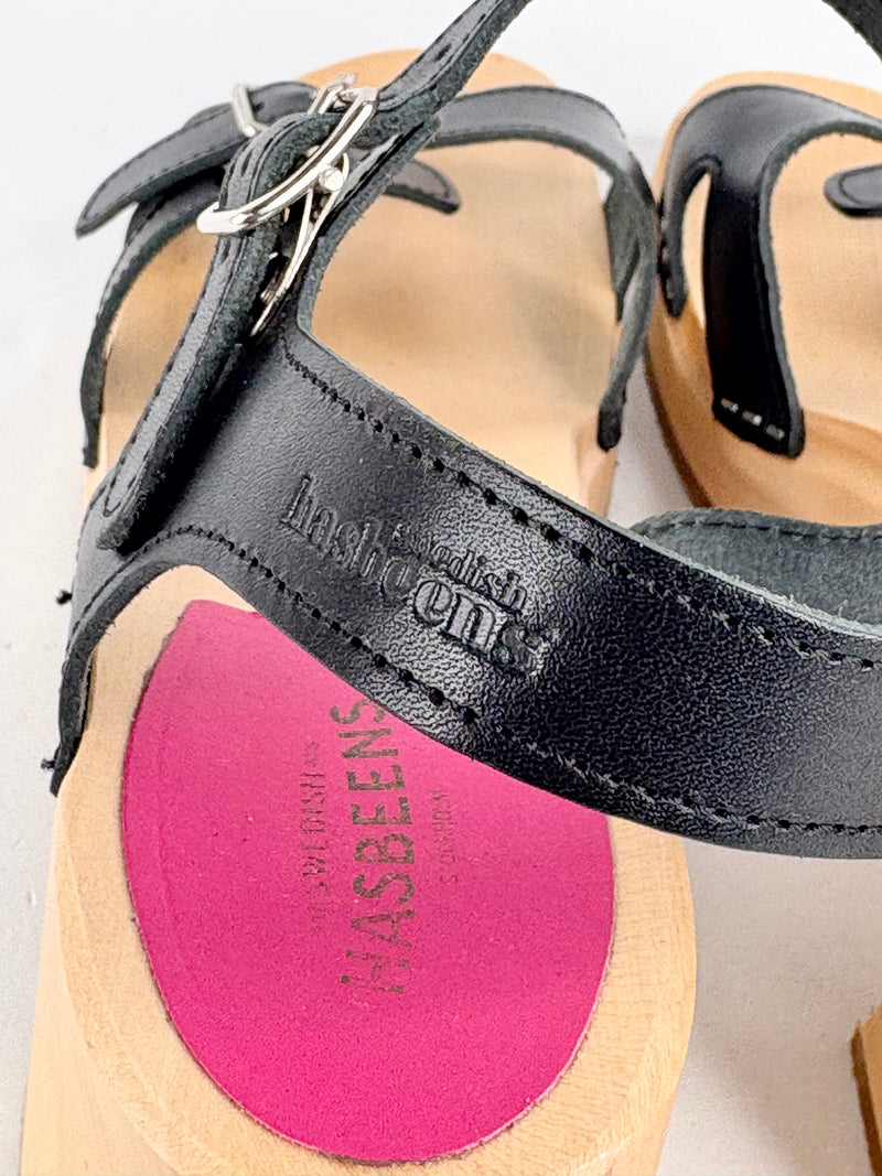 Swedish Hasbeens Black Leather & Wooden Sandals - EU41