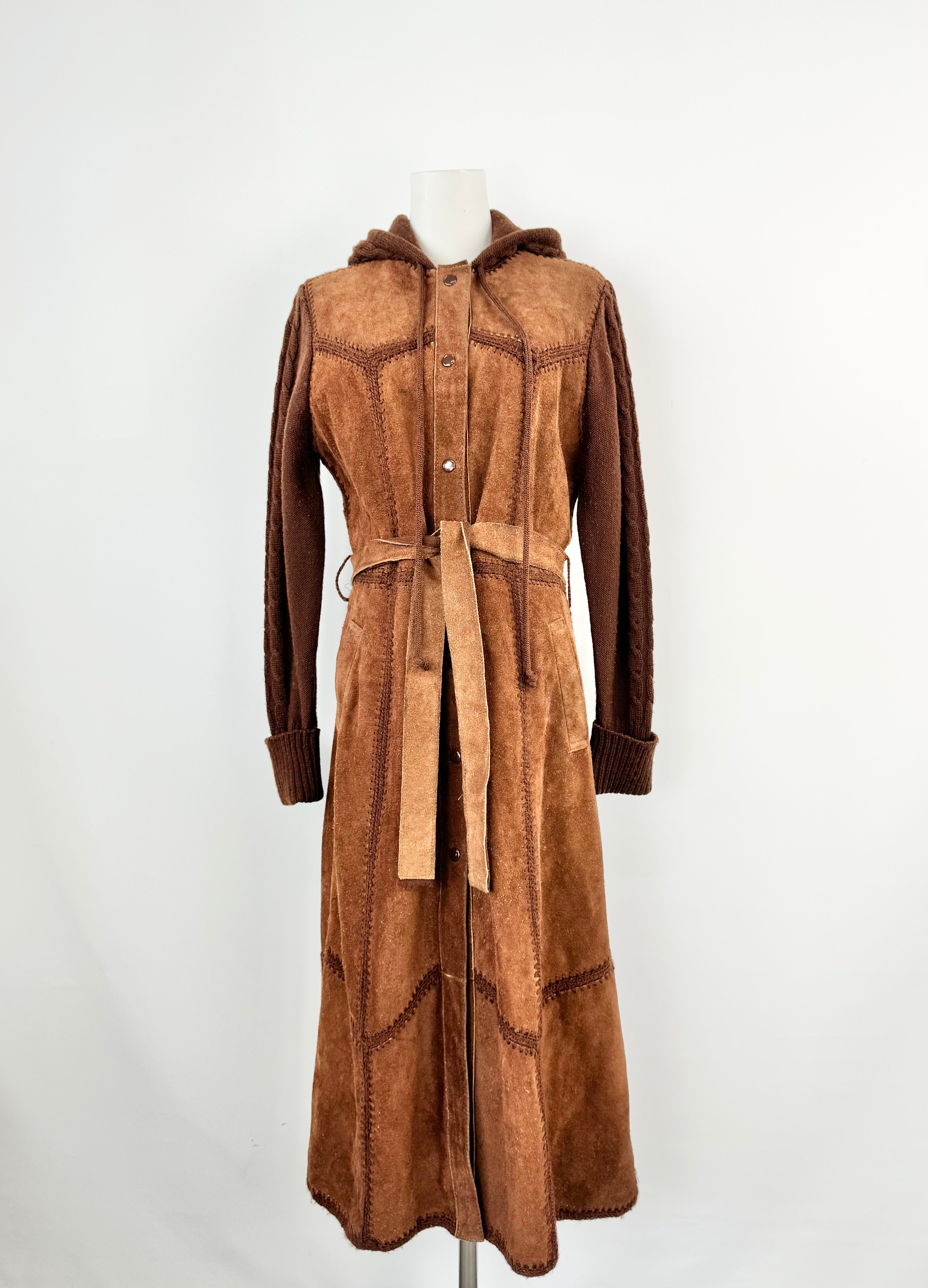 Vintage Suede & Knit Hooded Whipstitch Tan Coat - AU8/10