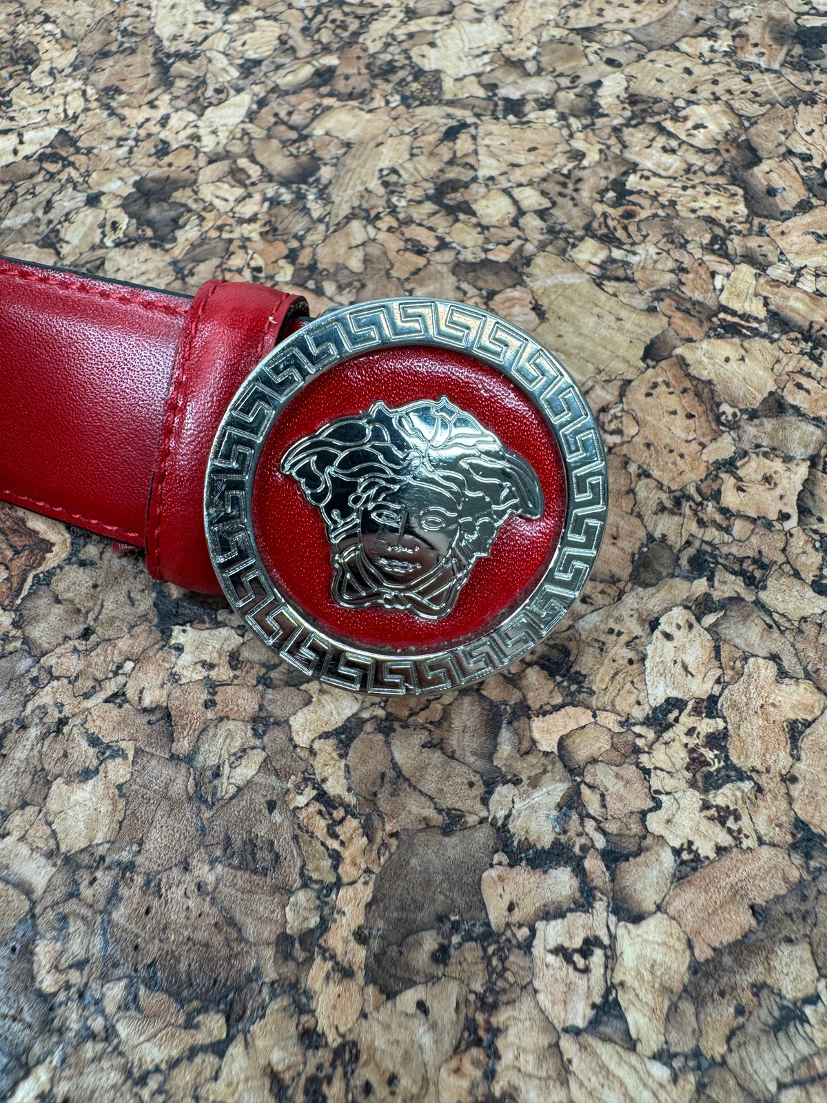 Vintage Versace Medusa & Greek Key Cherry Red Leather Belt