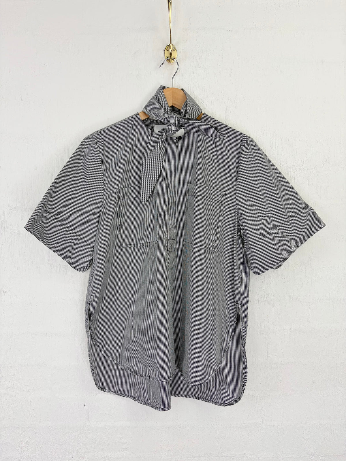 Le Stripe Black & White Micro Gingham Short Sleeve Blouse - AU10/12