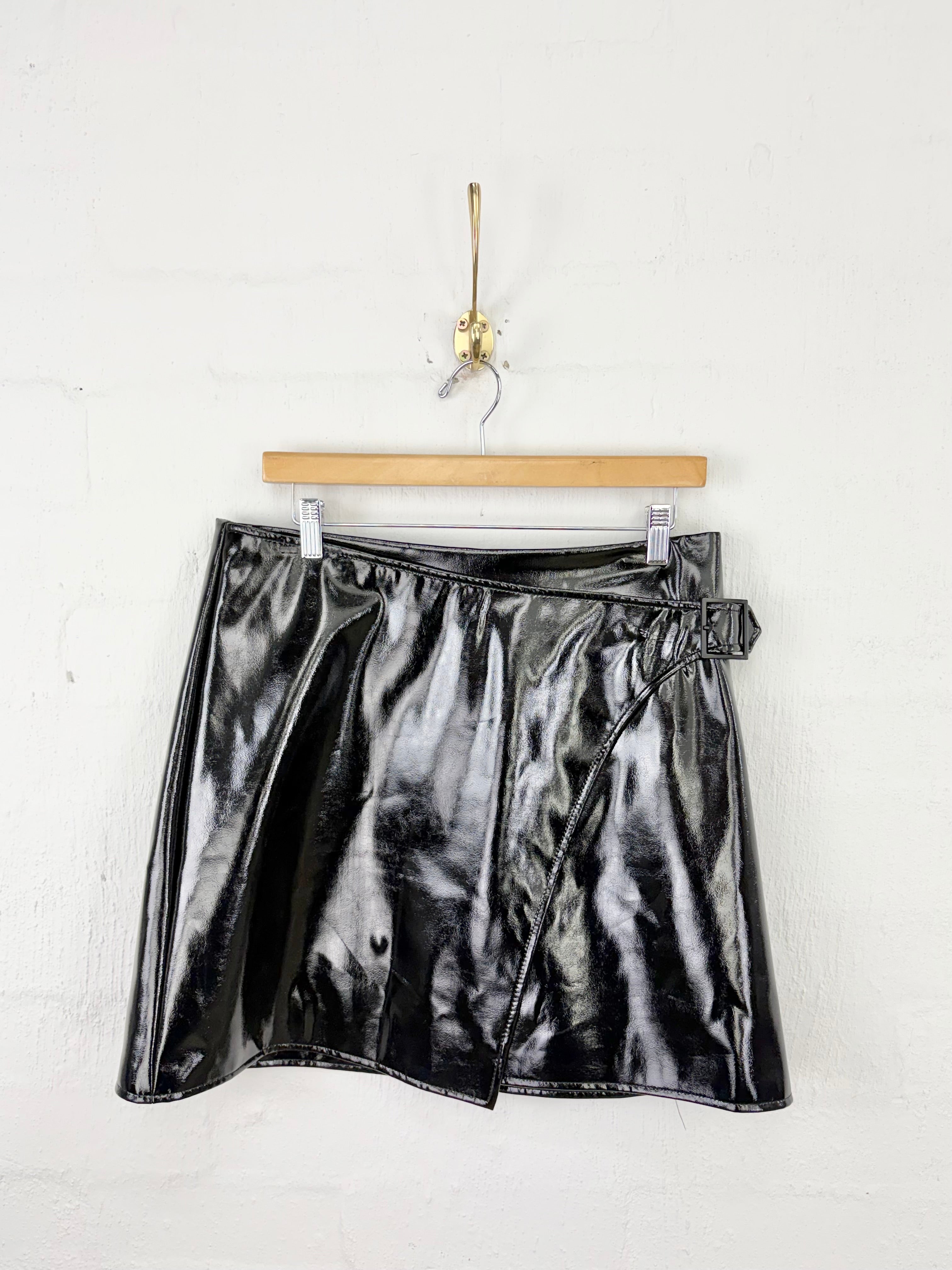 Karen Millen Black Faux Patent Leather Belted Mini Skirt - AU14