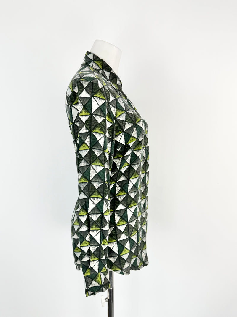 Samantha Sung Green Grid Patterned Fitted Silk Blouse - AU8