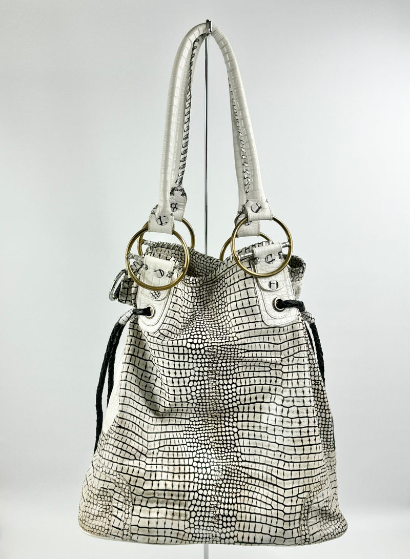 Sabbatha White Croc Embossed Studded Shoulder Bag