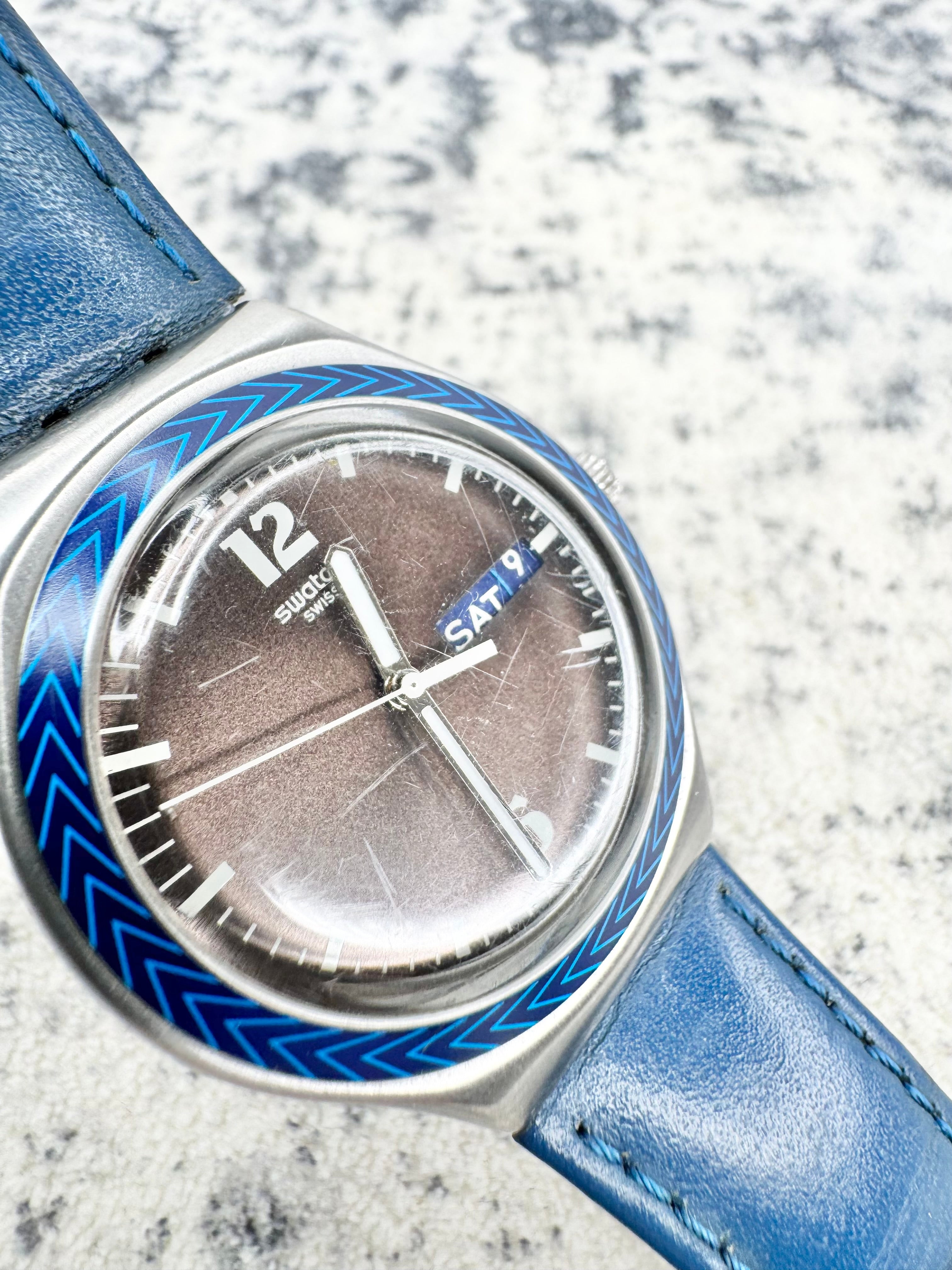 Swatch Irony Brushed Silver Aluminum and Blue Enamel Watch