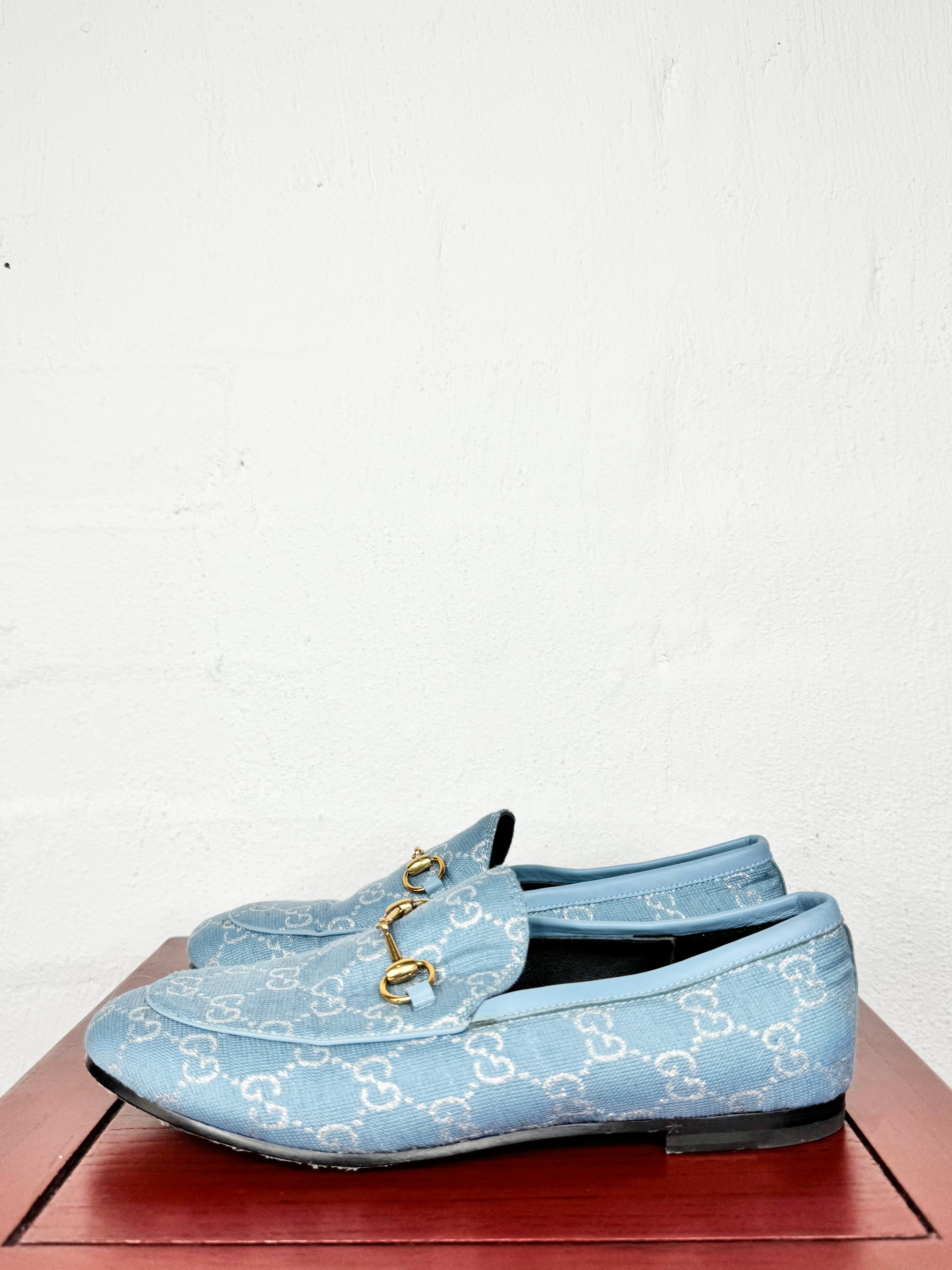 Gucci Blue & Silver Lame GG Jordaan Loafers - EU38