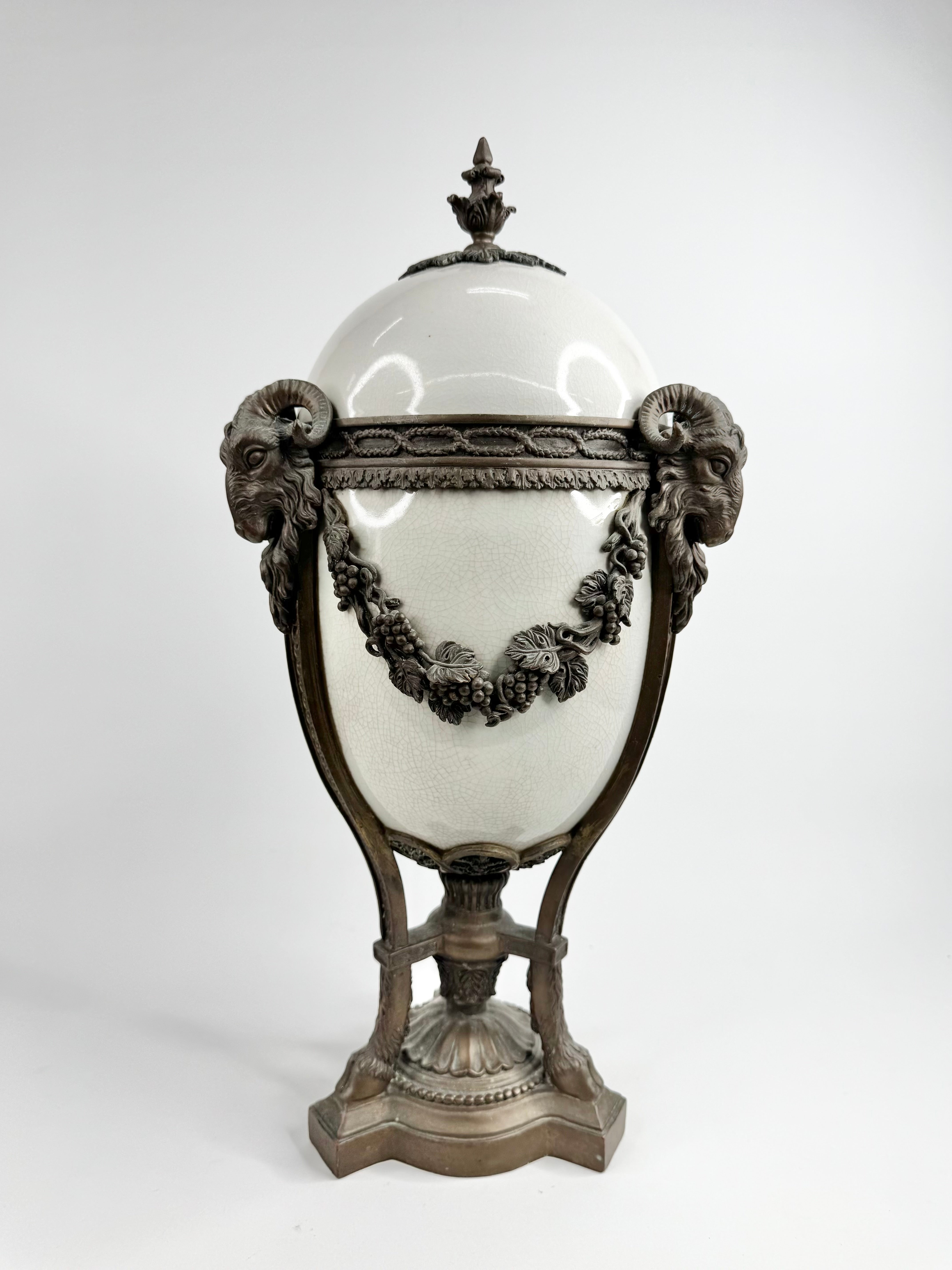 Vintage R.M. Hall Pty Ltd Neoclassical Goat Head Urn with Crackle Glaze Finish