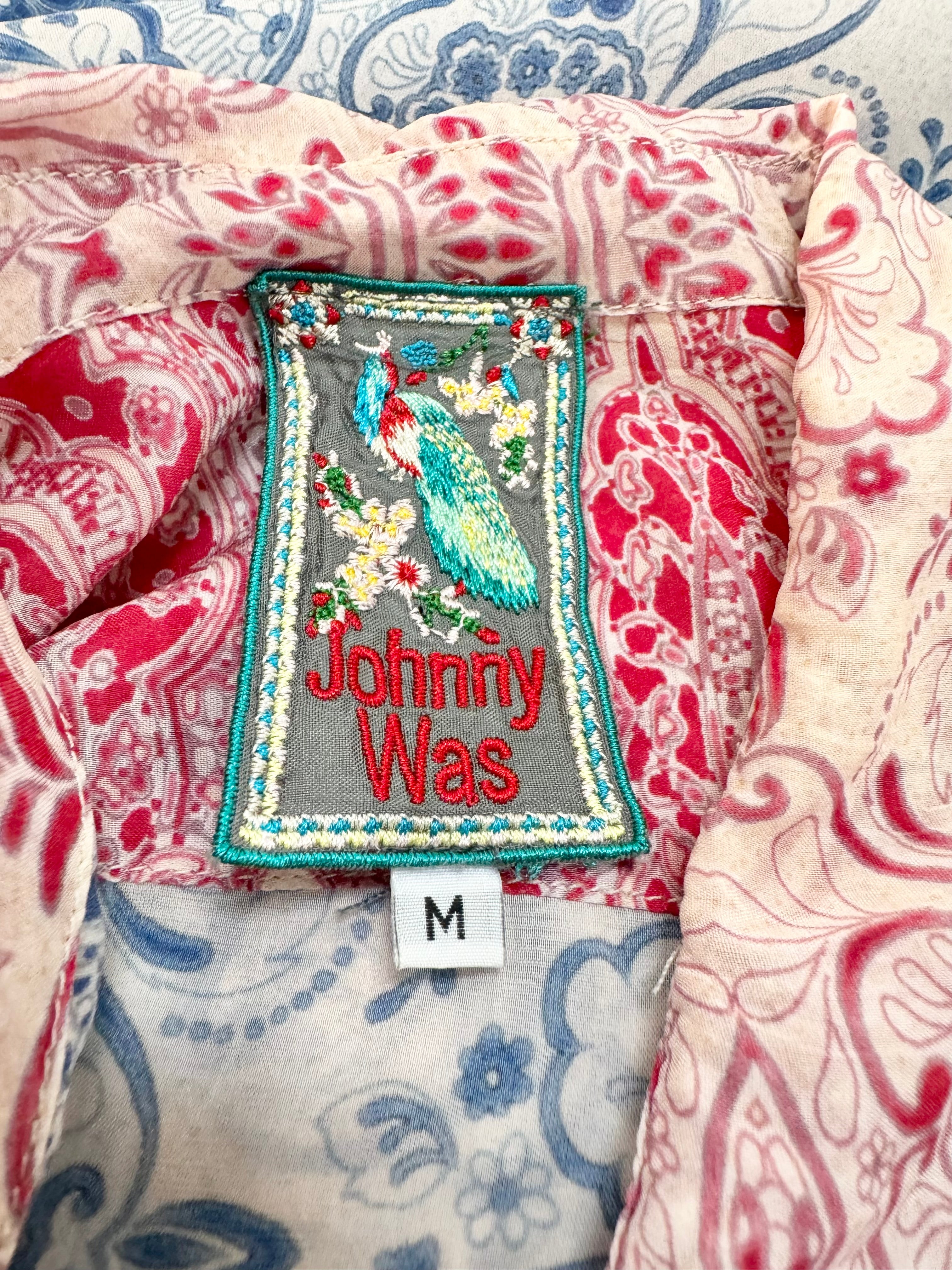 Johnny Was Blue & Coral Floral Patterned Rayon Shirt - AU10/12