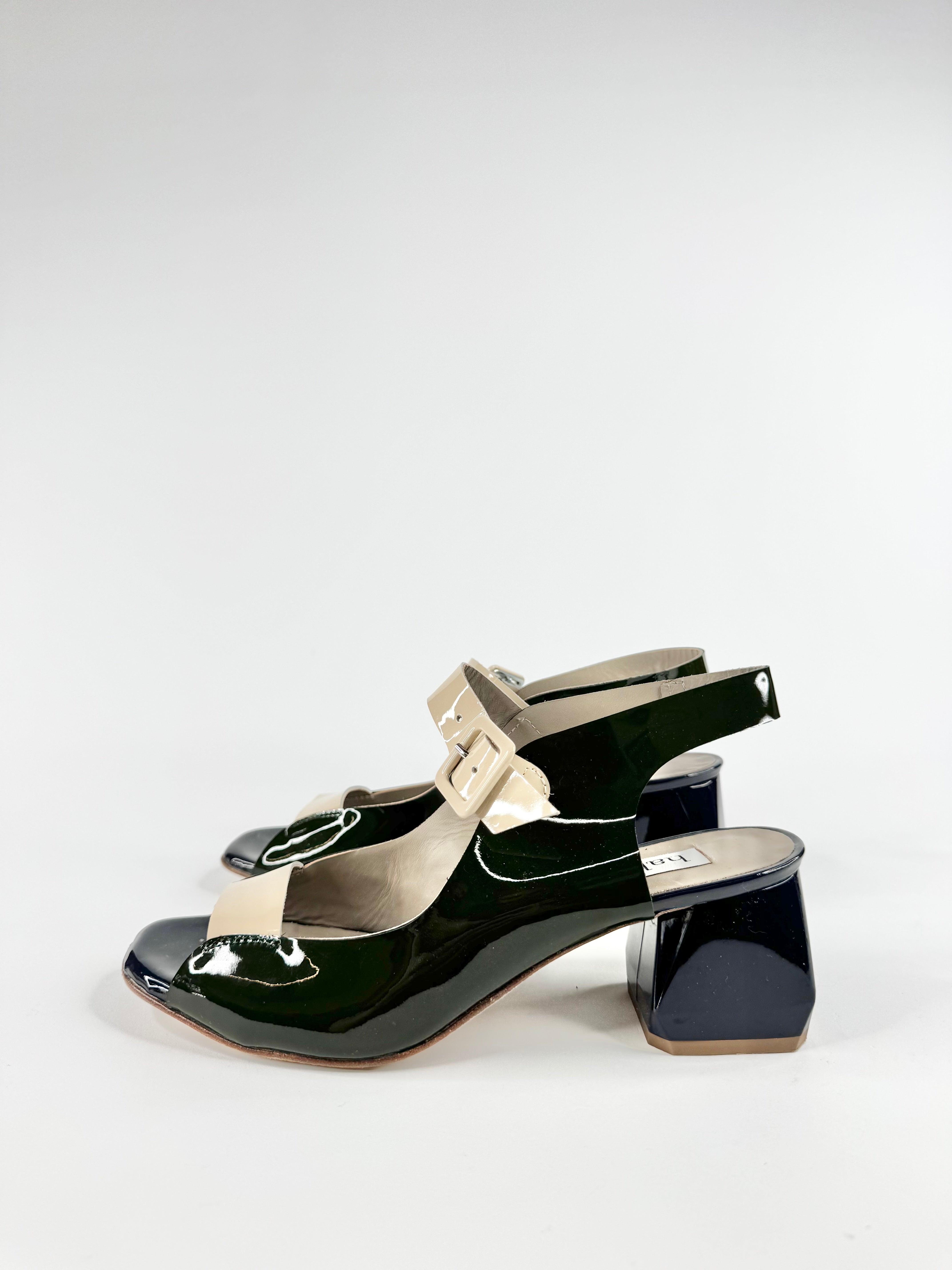 Habbot Dark Green, Navy & Beige 'Luca' Patent Leather Low Block Heel Sandals - EU40
